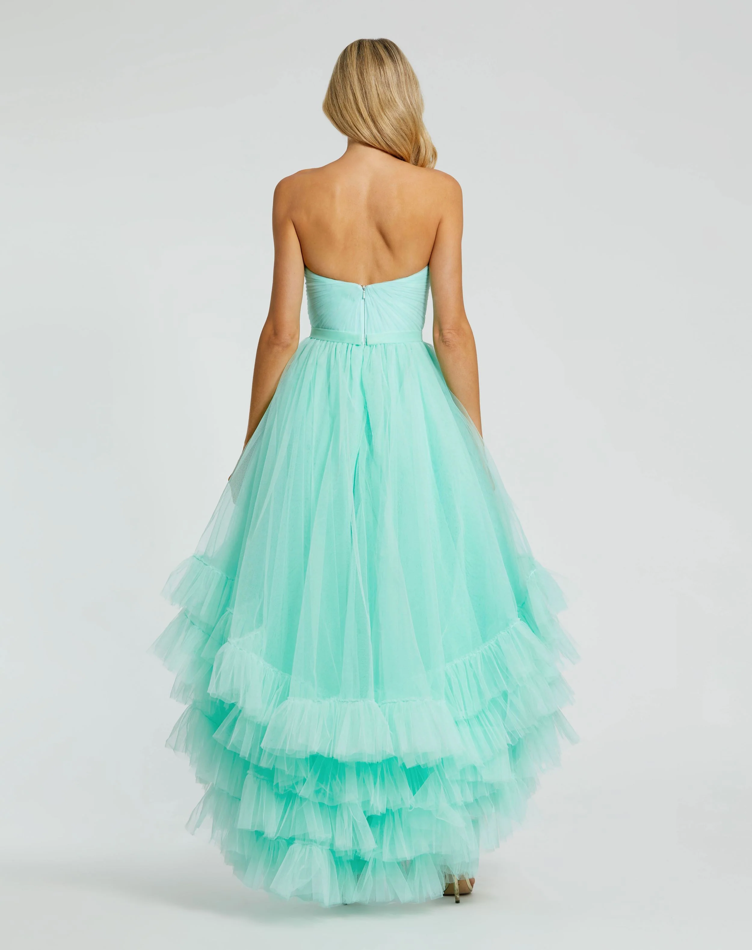Strapless Ruched Sweetheart Ruffle High Low Gown