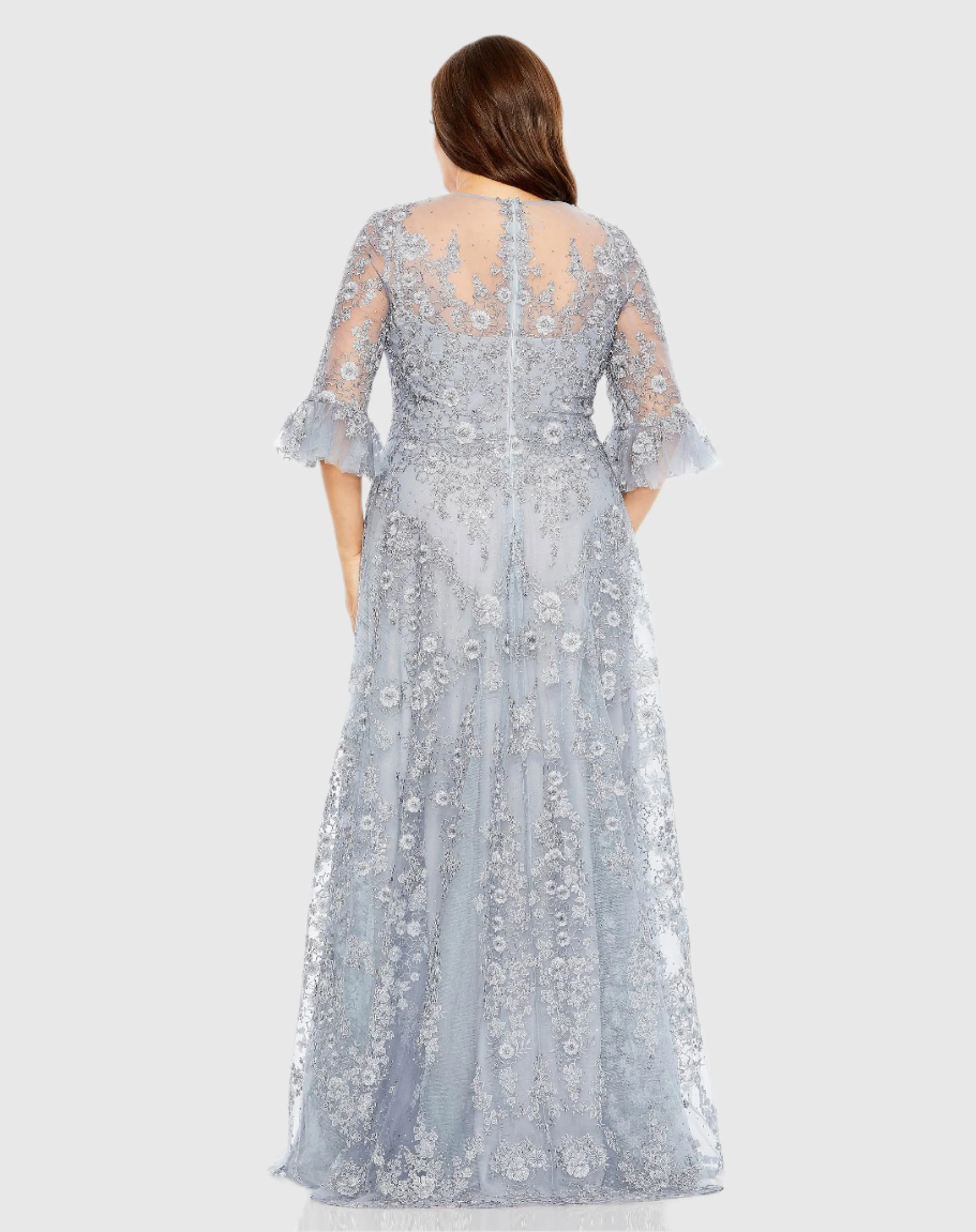 Blue High Neck Flutter Sleeve Embroidered A Line Gown