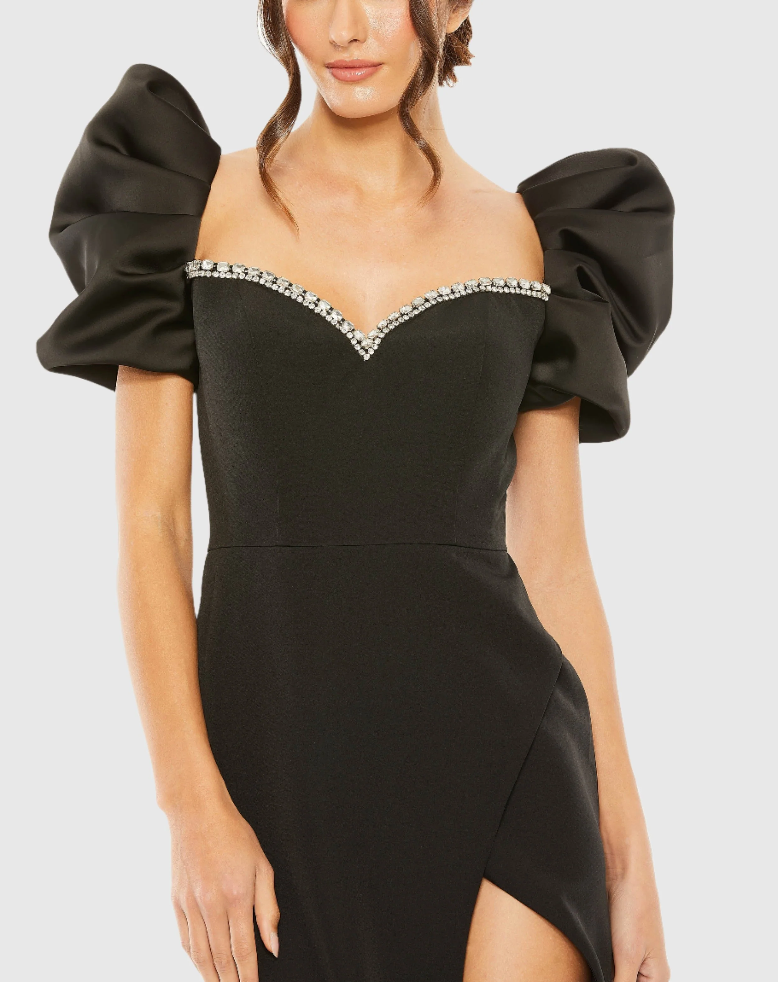 Black Puff Sleeve Beaded Sweetheart Neck High Slit Gown