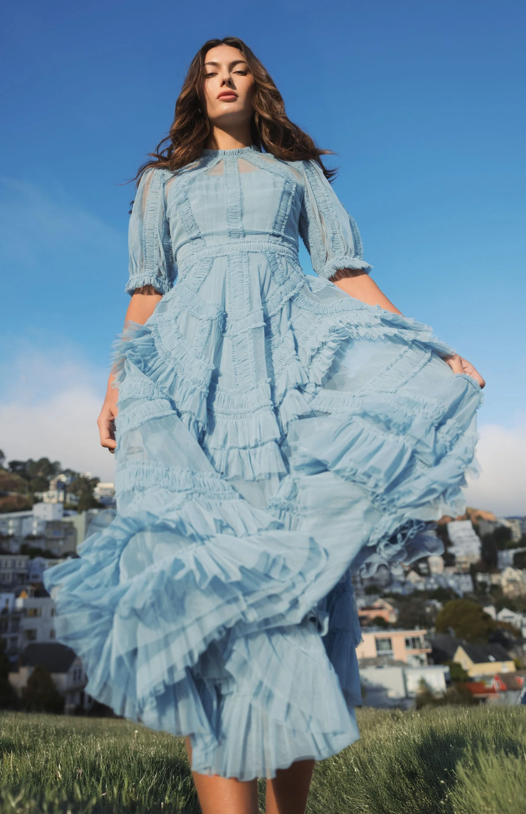 Blue High Neck Micro Ruffle Tiered Midi Dress