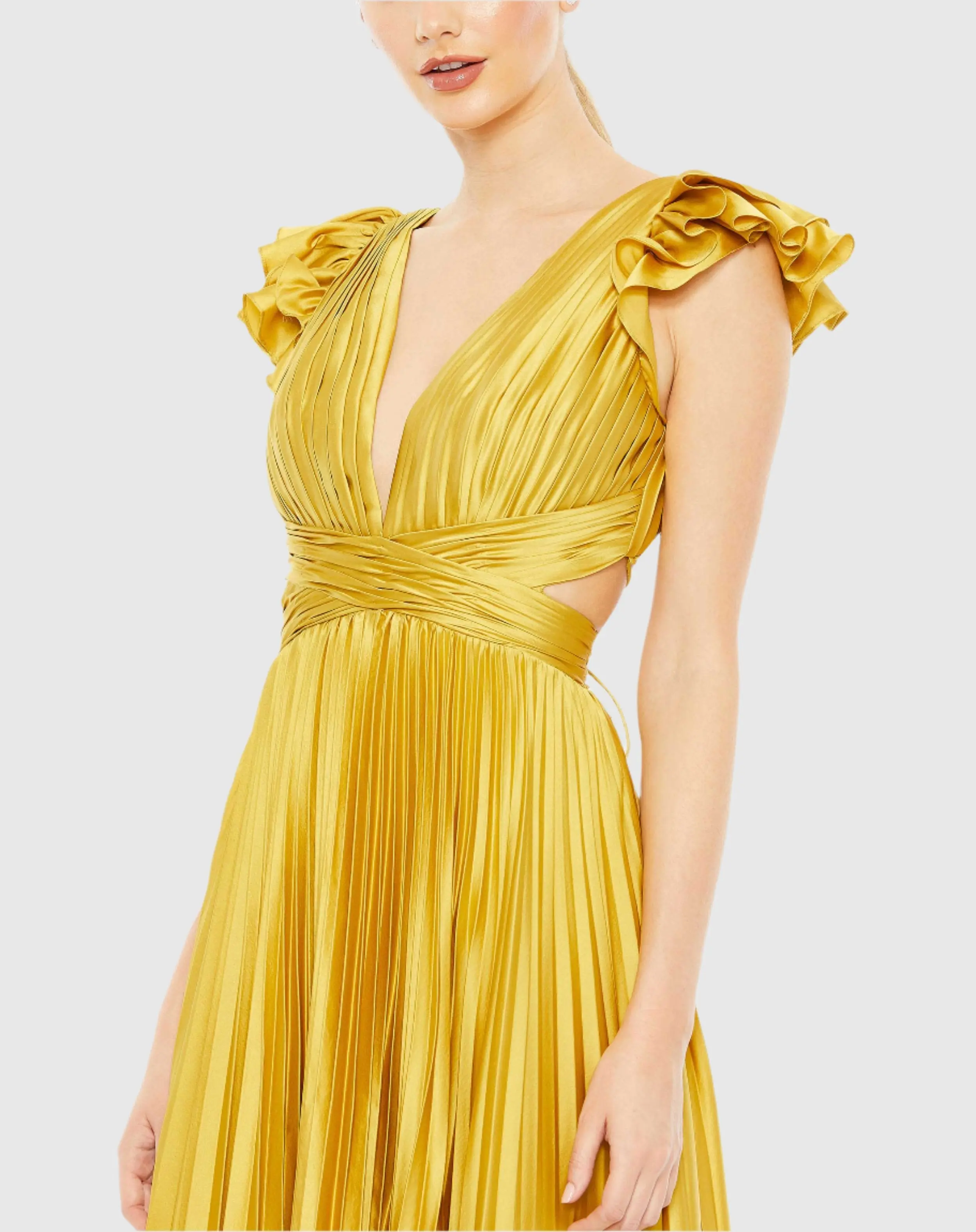 Yellow Pleated Ruffled Cap Sleeve Cut Out Lace Up Gown - FINAL SALE