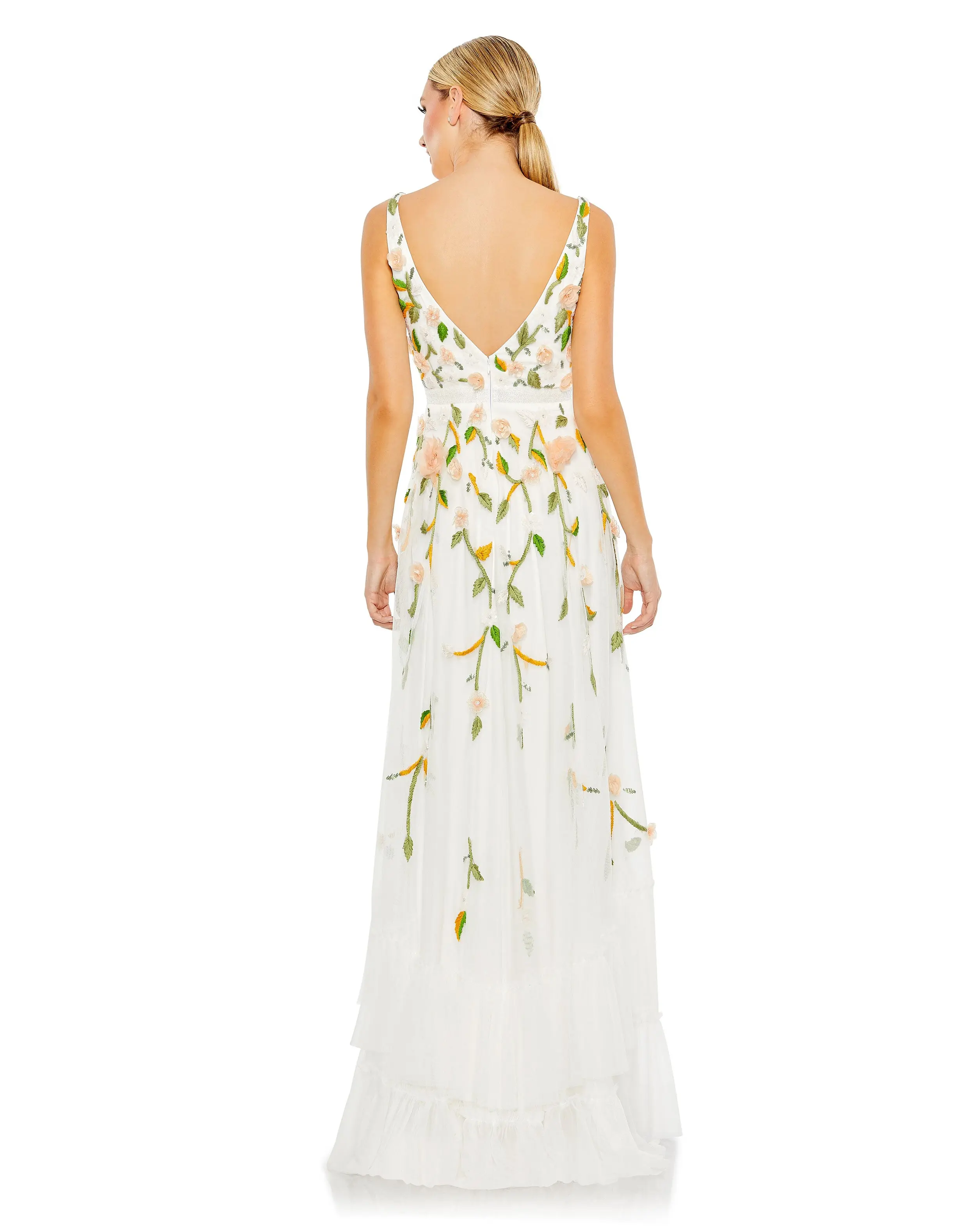 White Multicolor Embellished Sleeveless V Neck A Line Gown