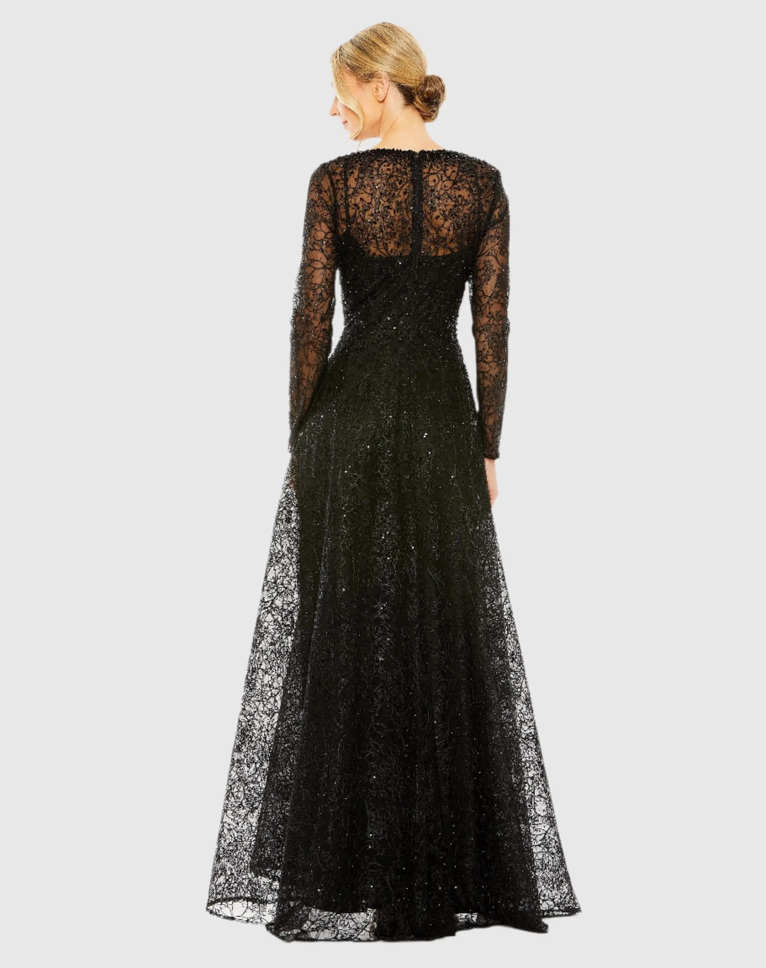 Black Crystal Embellished Long Sleeve V Neck Gown