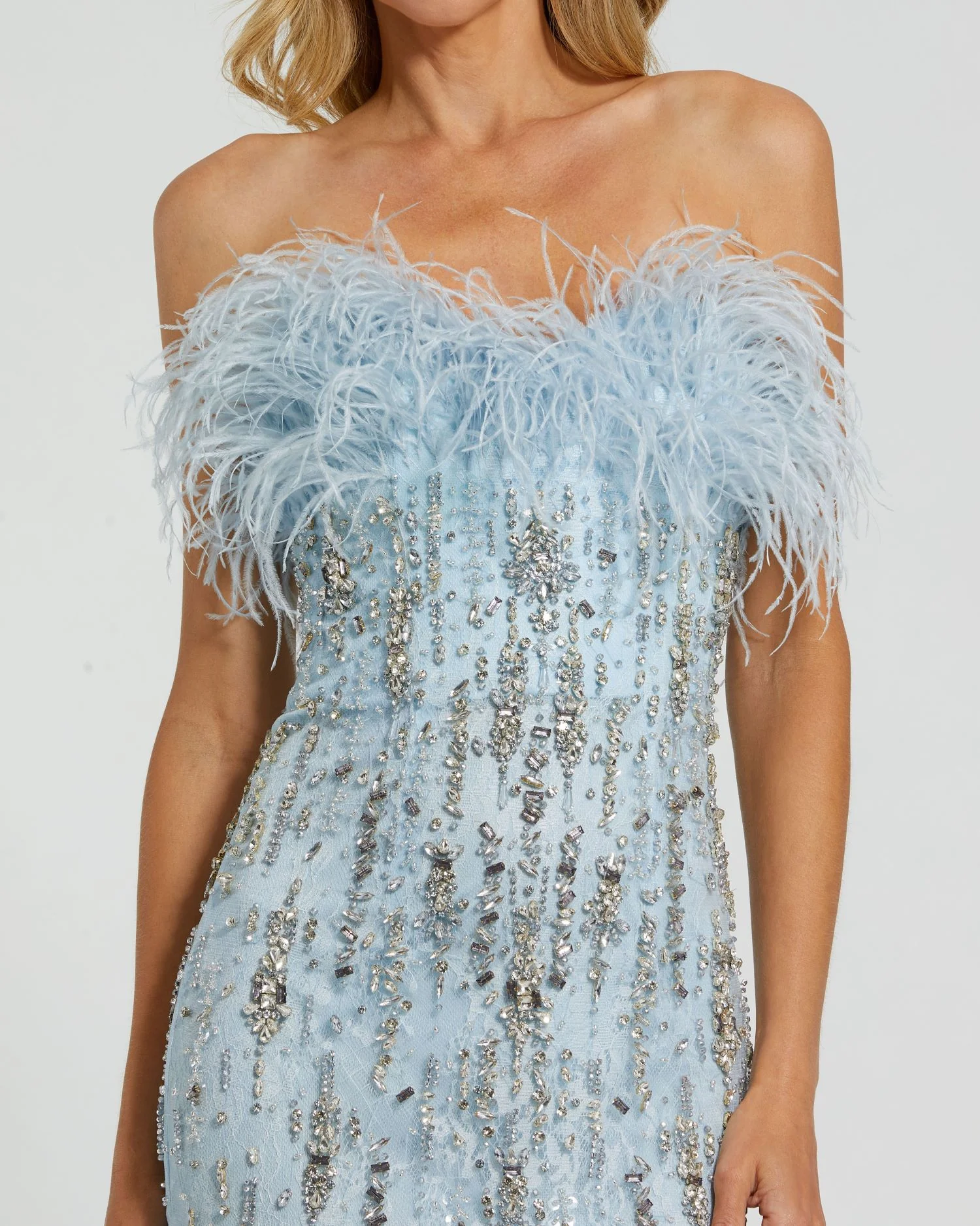 Blue Strapless Feather Embellished Mermaid Gown