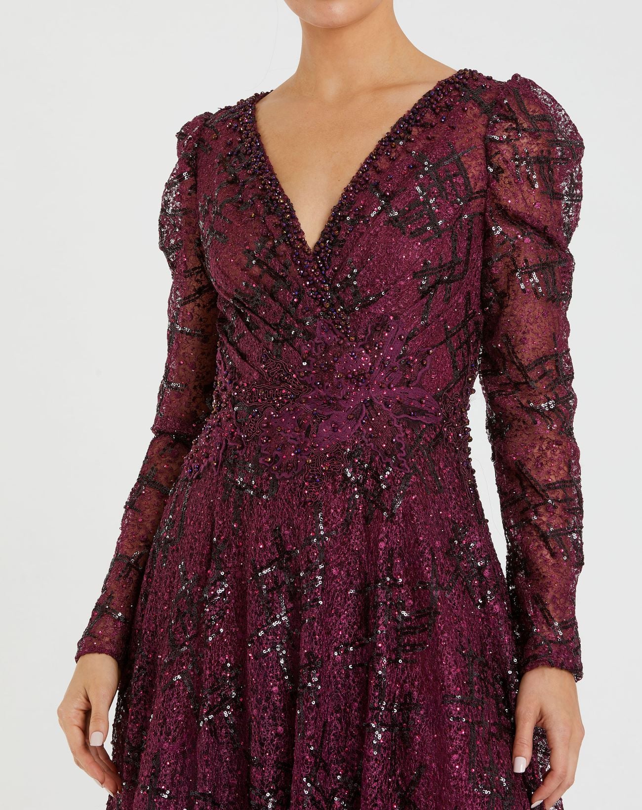 Dark Purple Embellished V Neck Long Sleeve A Line Gown