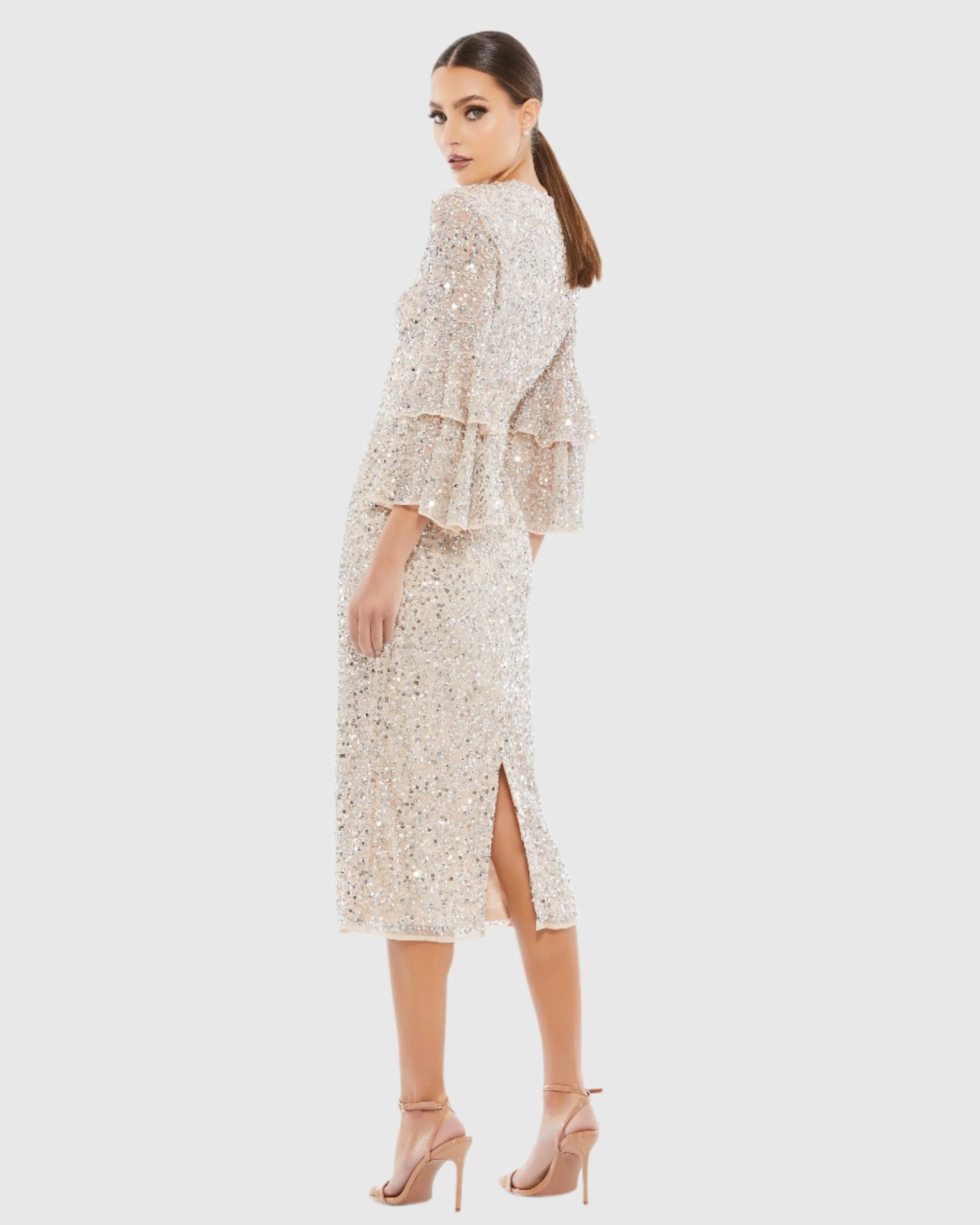 Beige Fully Sequined Ruffle Tiered 3/4 Sleeve Midi Dress