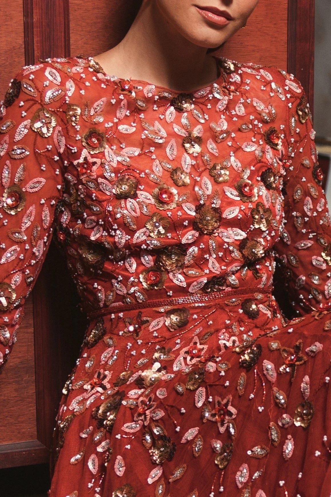 Red Embellished High Neck Long Sleeve A Line Gown