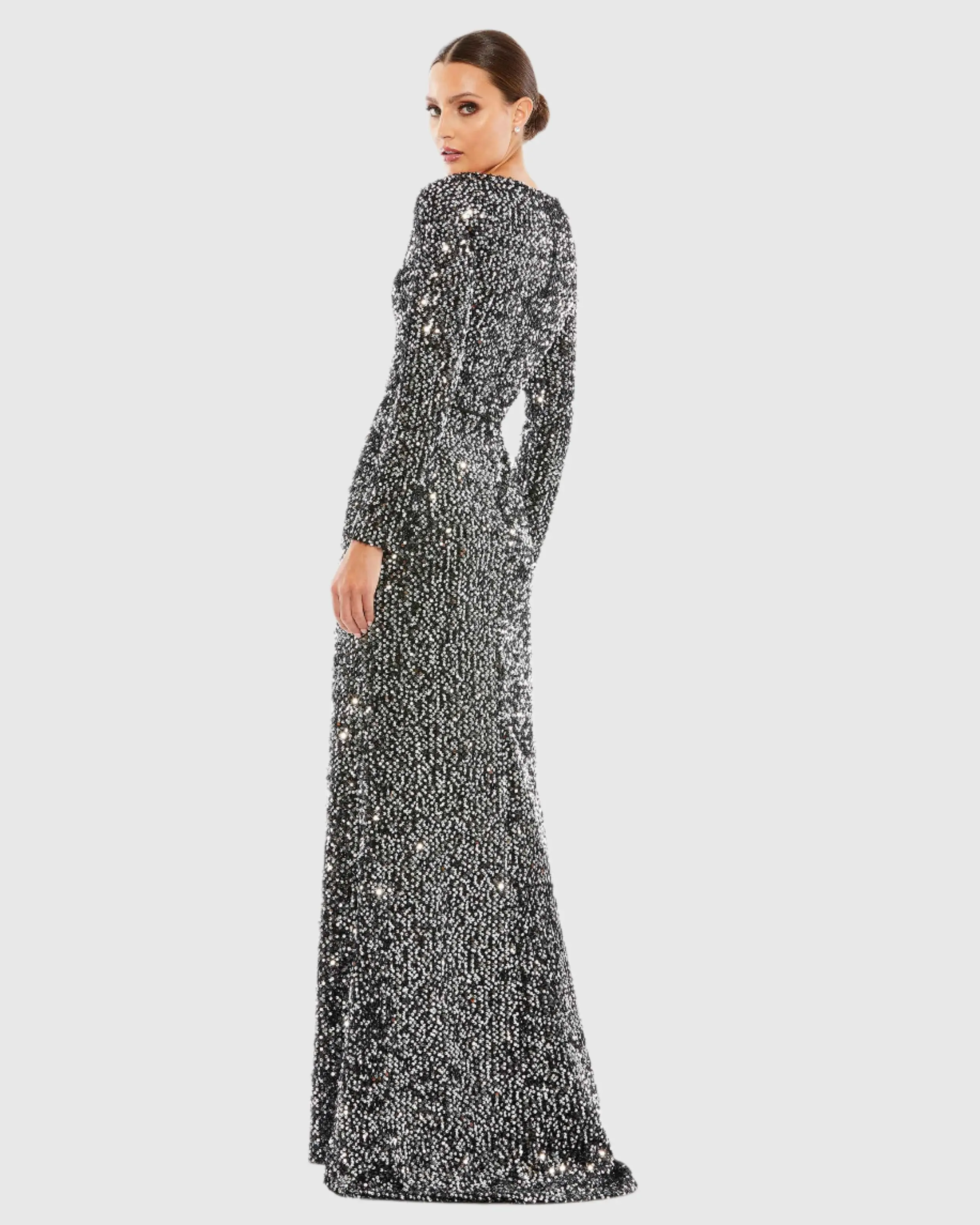 Black and Silver Long Sleeve Sequined Gown
