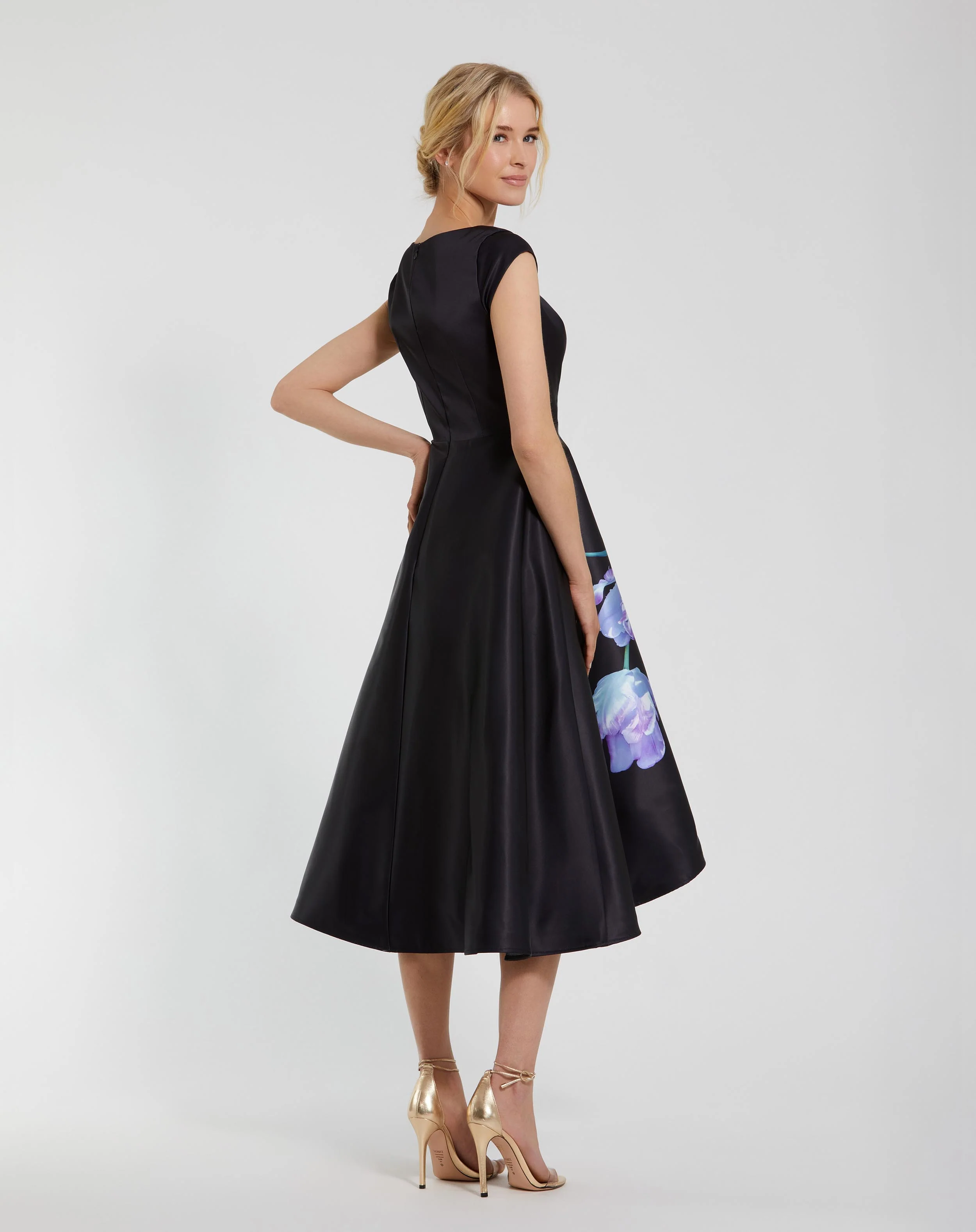 Black Satin Cap Sleeve Midi Dress With Floral Print