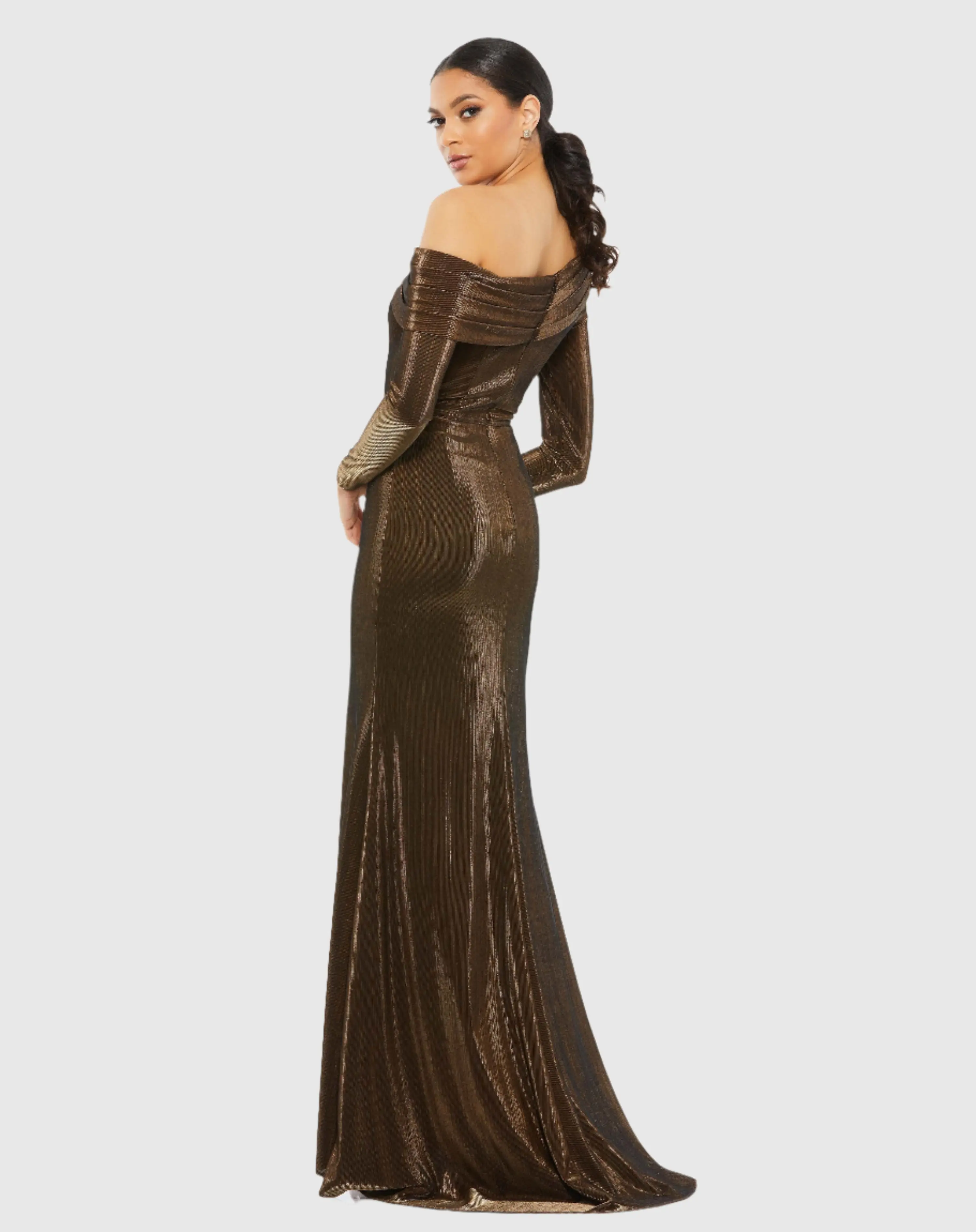 Textured Metallic Off-the-Shoulder Trumpet Gown