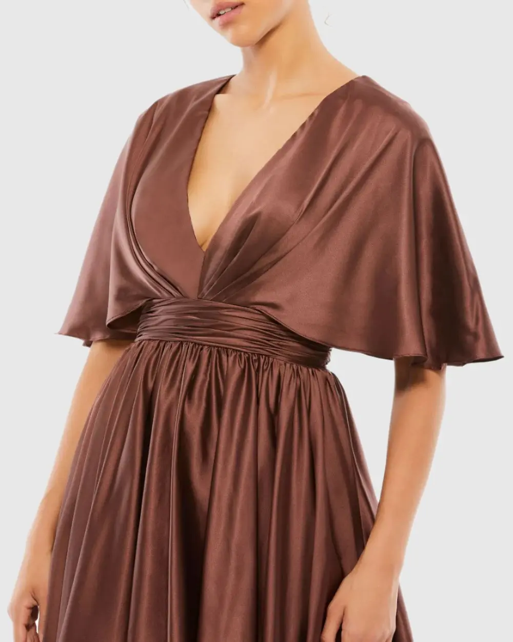 Brown Satin Flowy Cape Sleeve Mini Dress - FINAL SALE