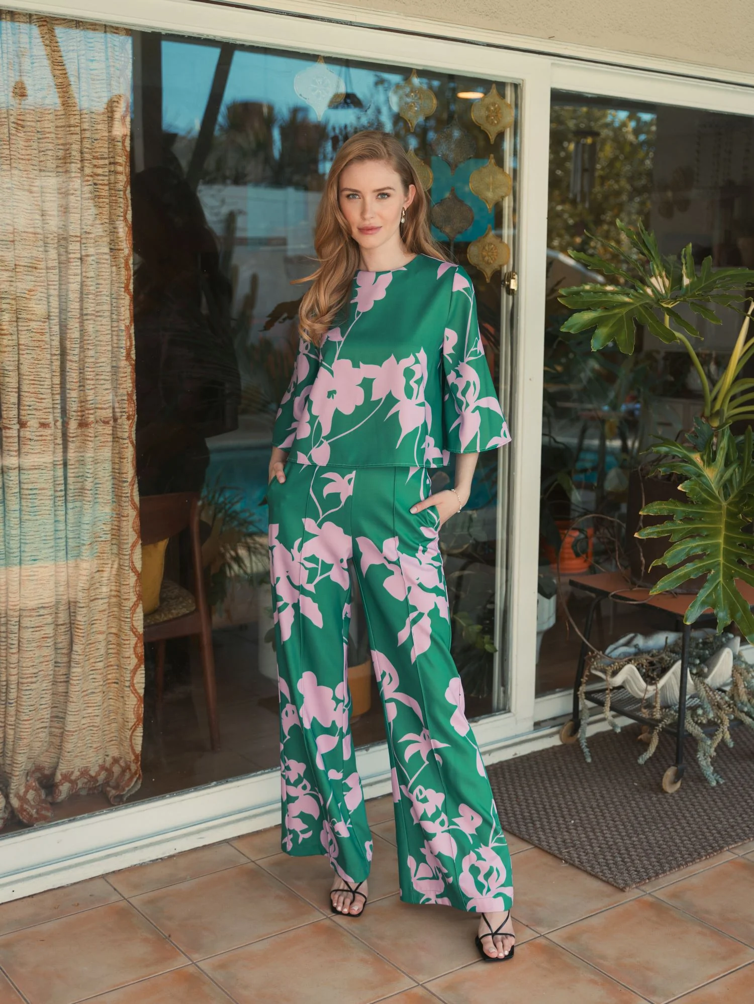 Printed Crepe 3/4 Bell Sleeve High Neck Top - FINAL SALE