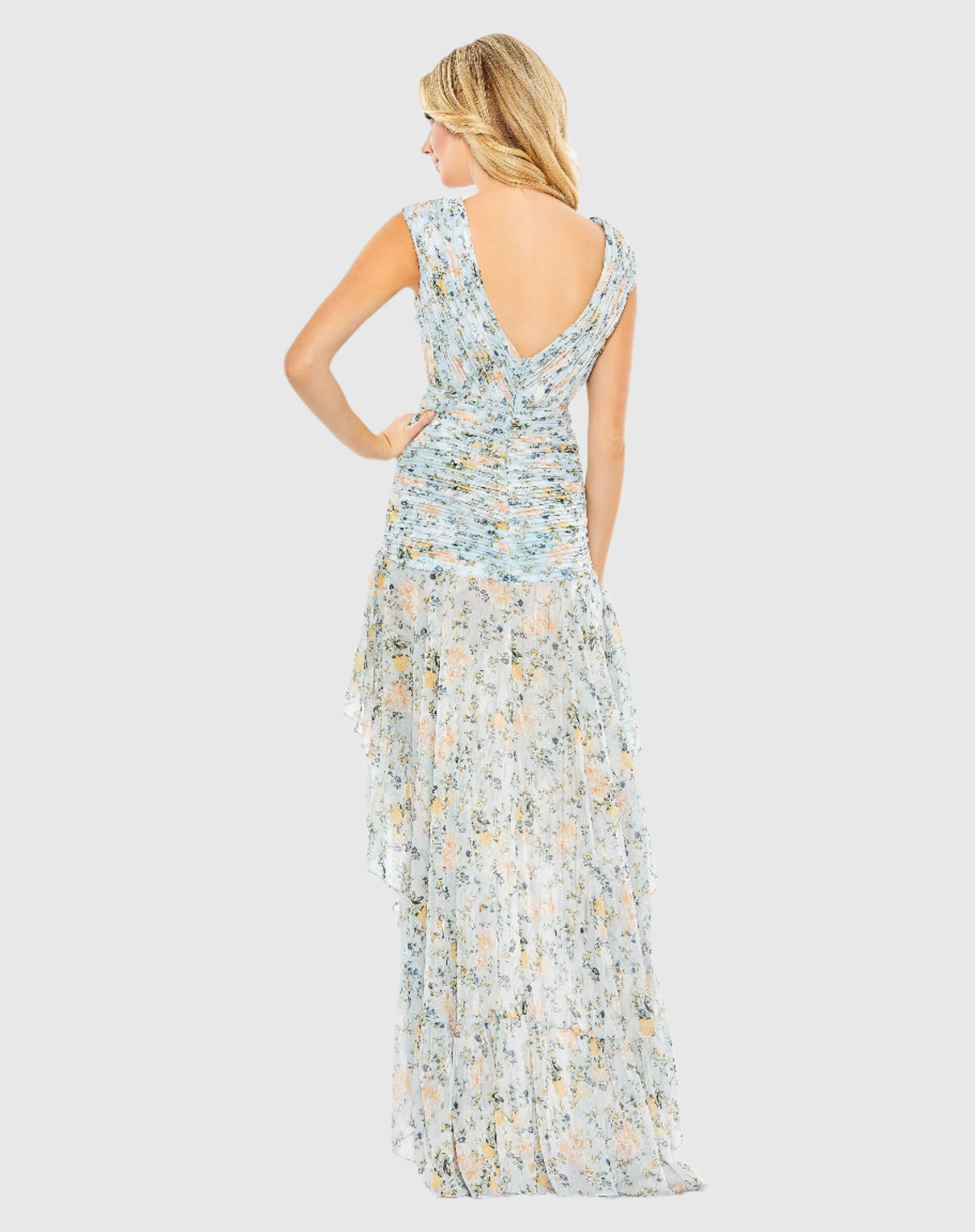 Floral Print Ruched Cap Sleeve High Low Gown
