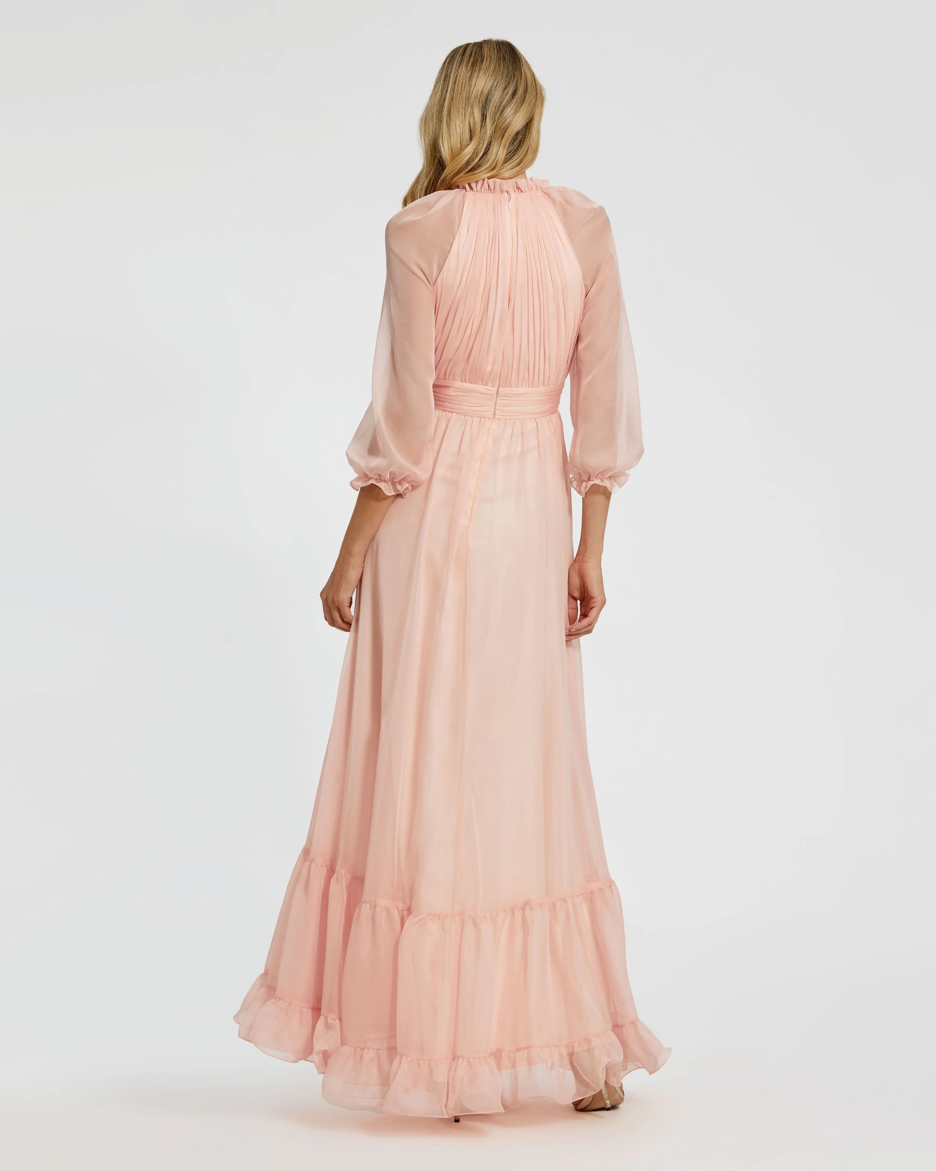 Pink Chiffon Ruched Illusion Raglan Sleeve Ruffled Gown