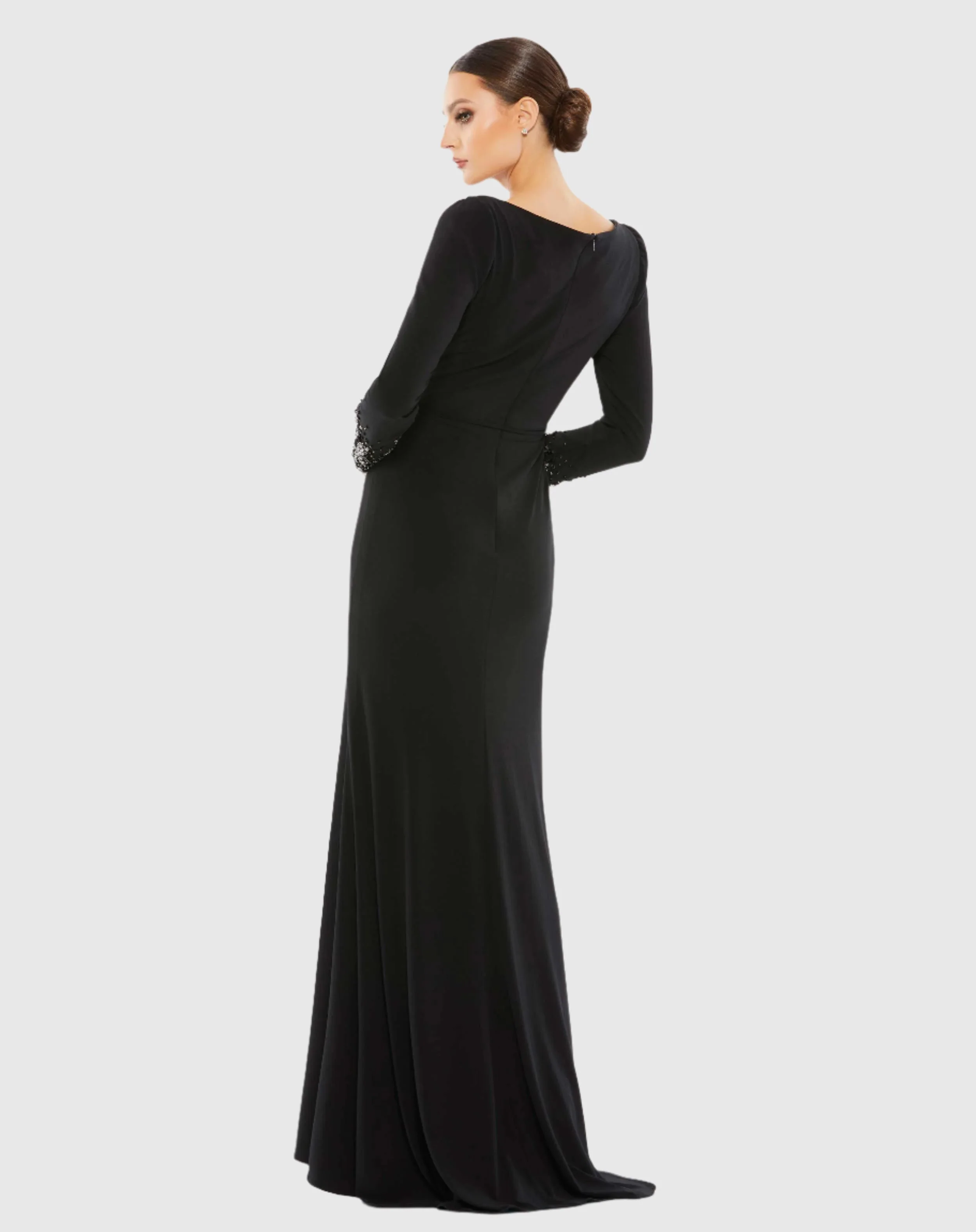 Beaded Cuff Long Sleeve Wrap Over Trumpet Gown