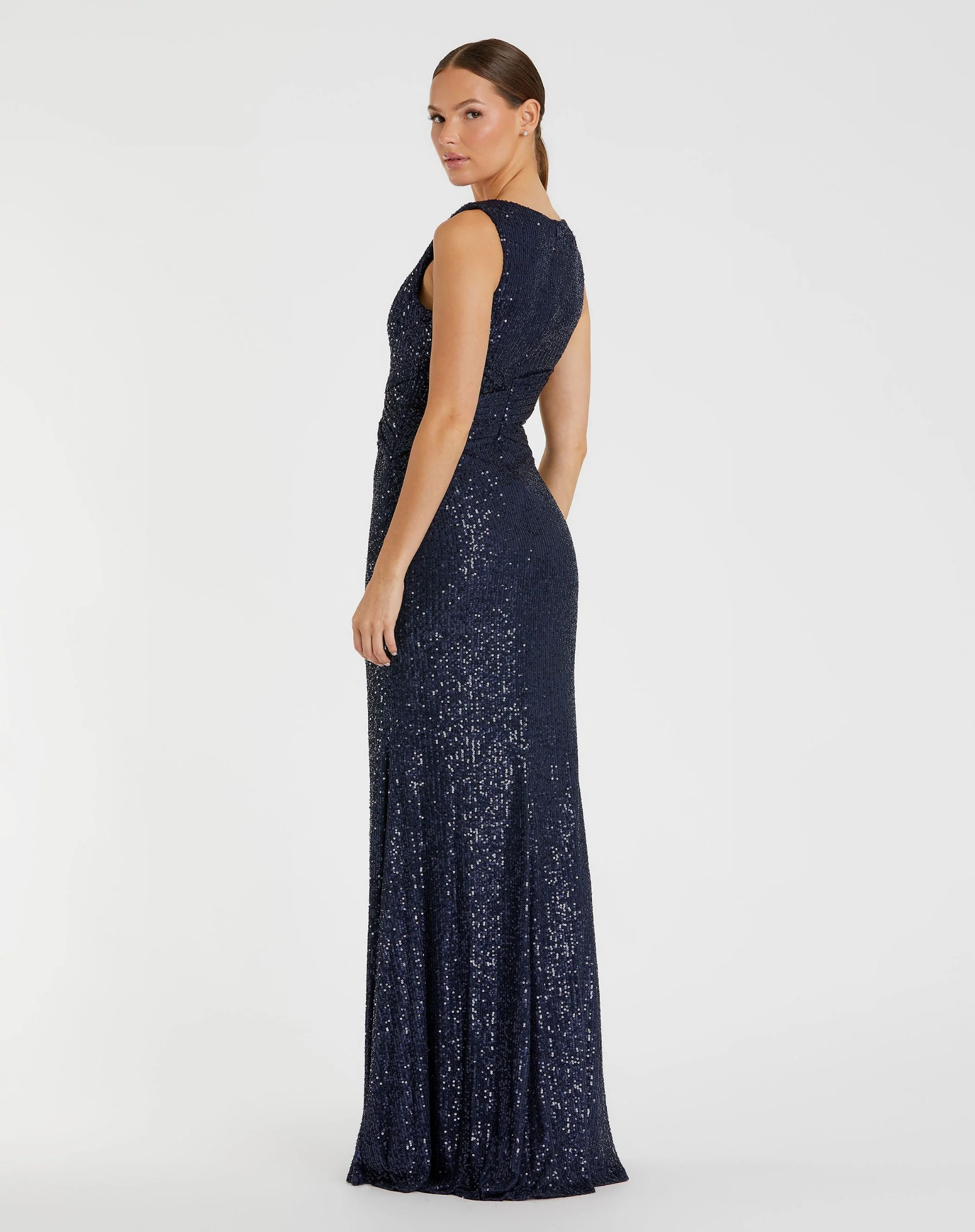 Navy V-Neck Sequin Wrap Waist Gown