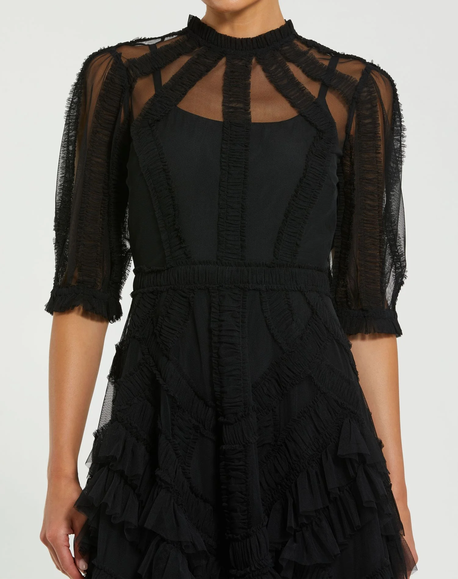Black High Neck Micro Ruffle Tiered Midi Dress