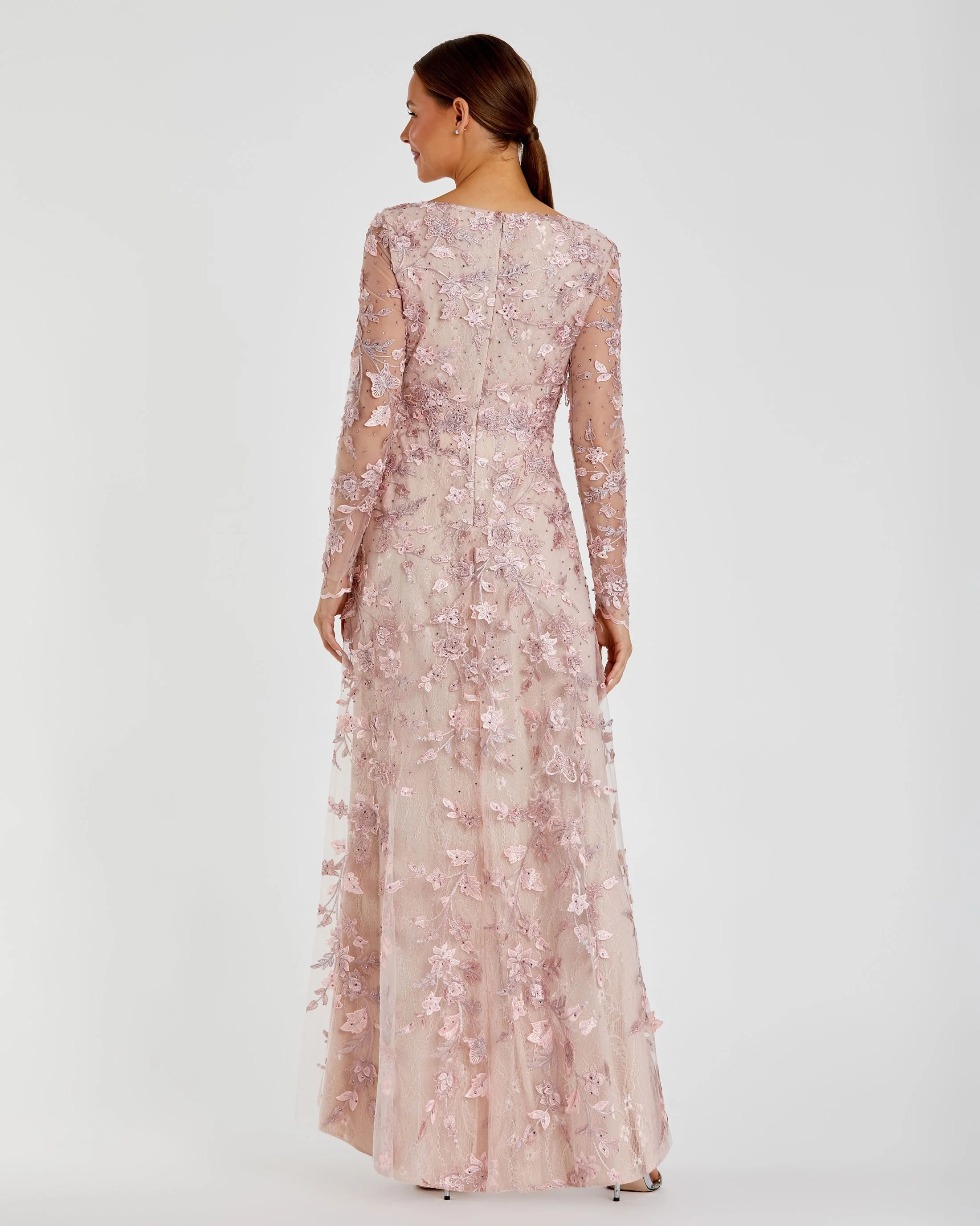 Pink Floral Applique Long Sleeve Illusion Gown