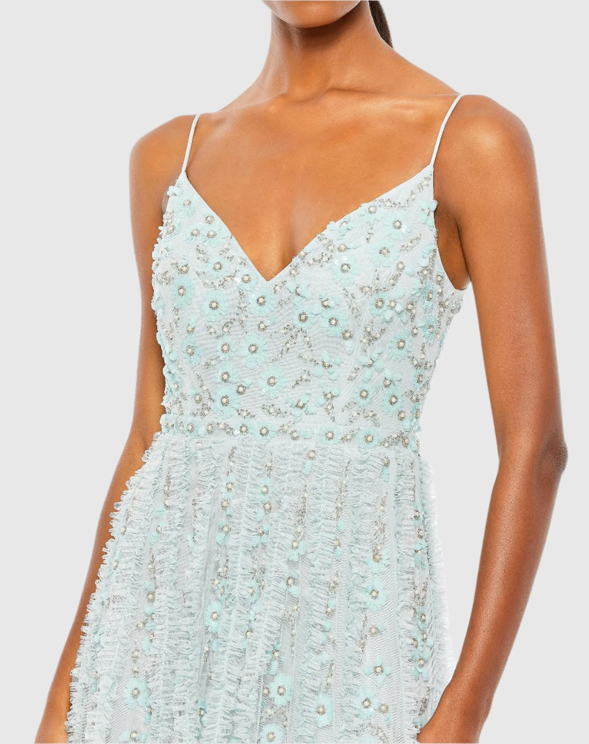Embellished Ruffled Spaghetti Strap A Line Gown