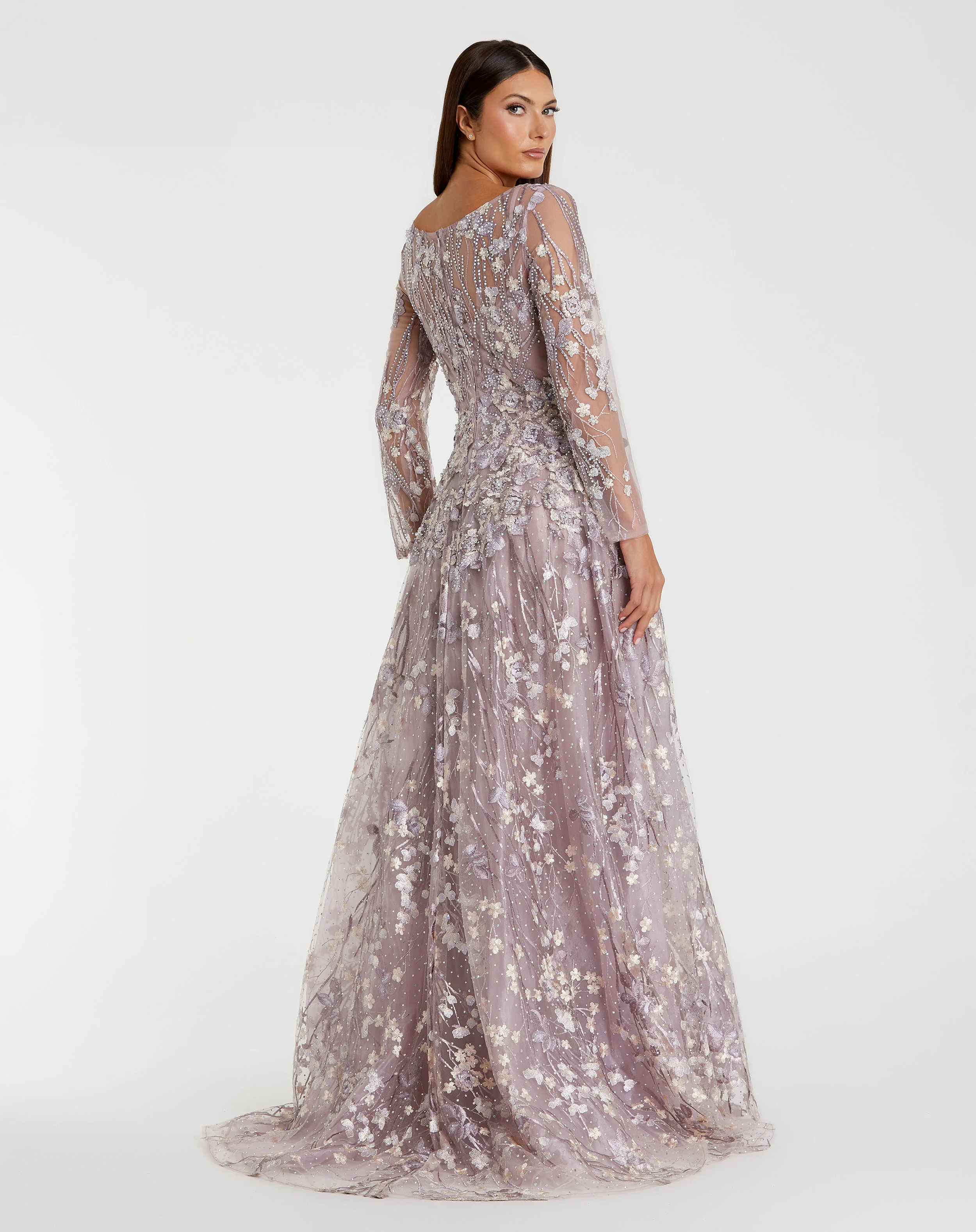 Purple Embroidered Lace Wrap Over Illusion Long Sleeve A Line Gown