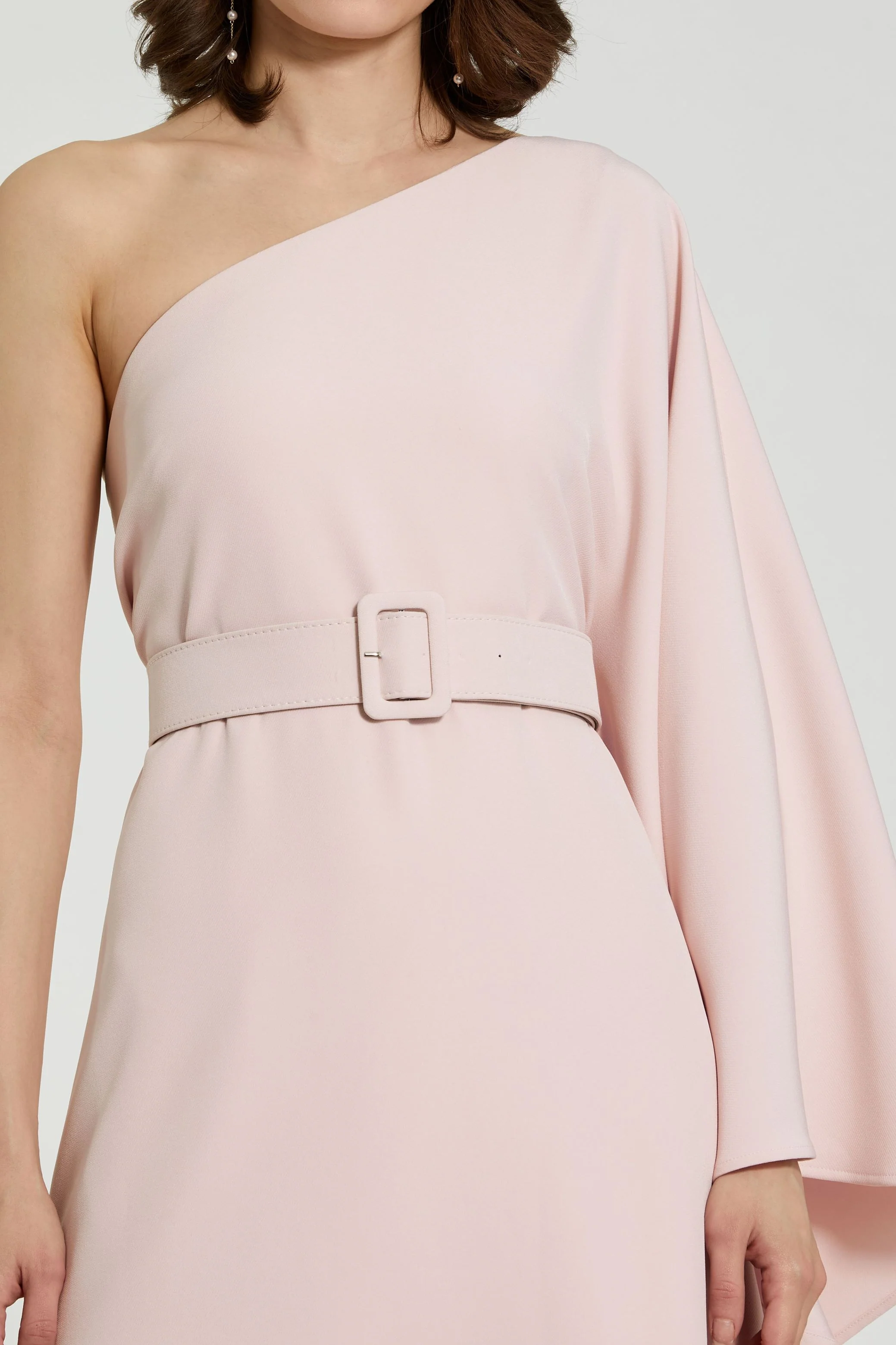 Pink Crepe One Sleeve Belted Kaftan Dress