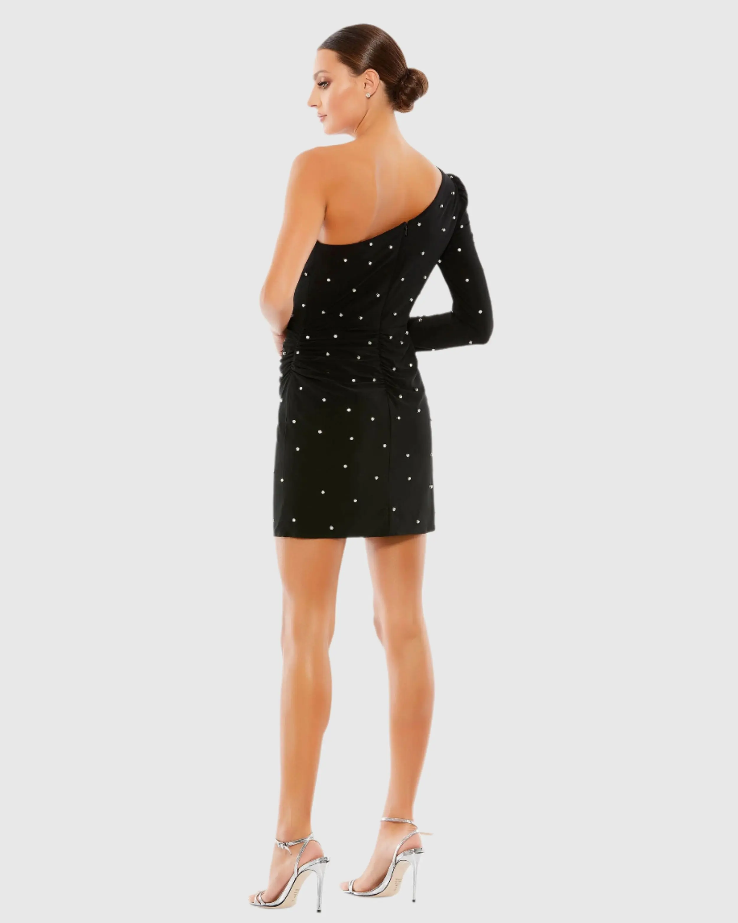 Rhinestone Encrusted One Shoulder Long Sleeve Mini Dress