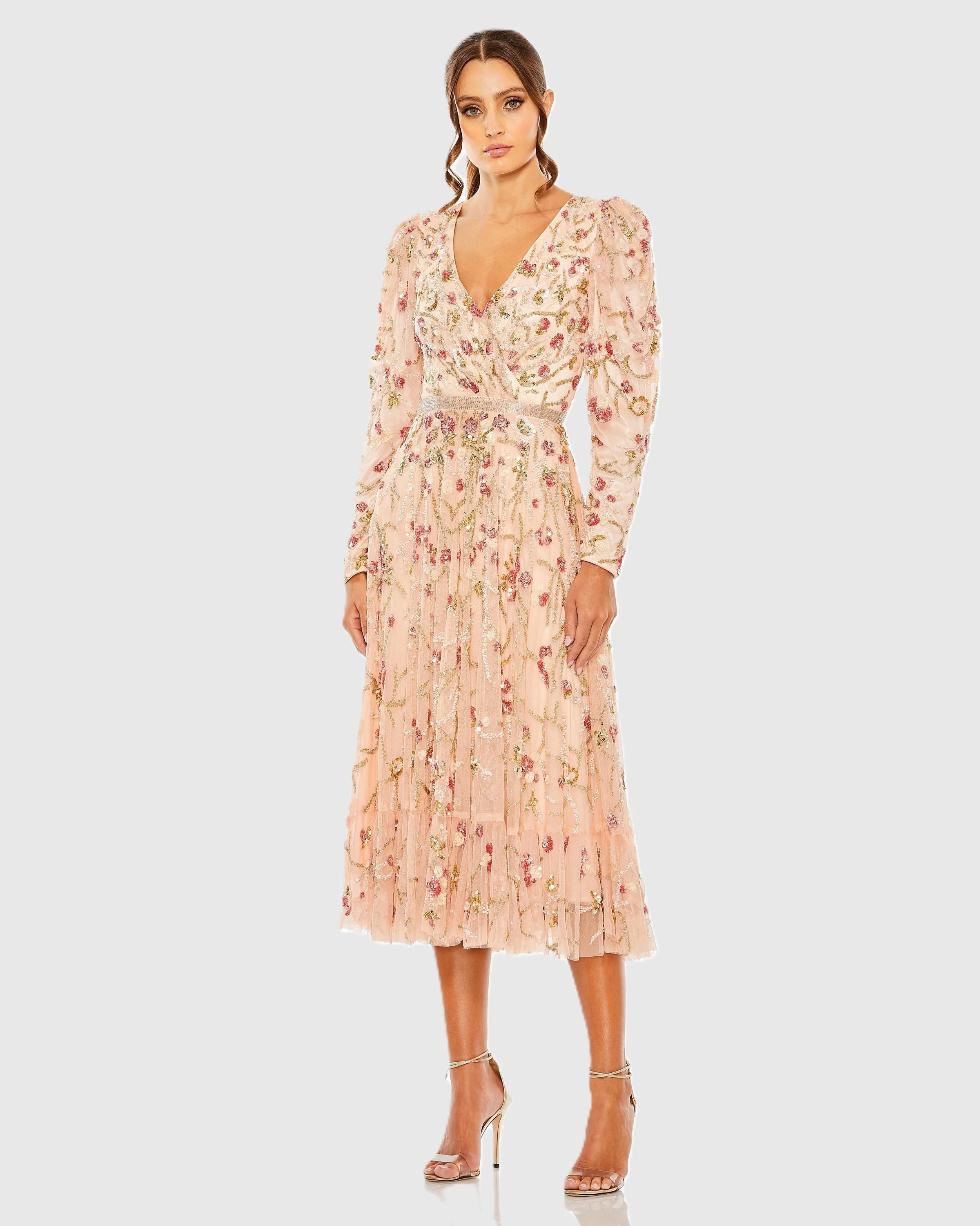 Floral Embellished Wrap Over Puff Sleeve A Line Gown