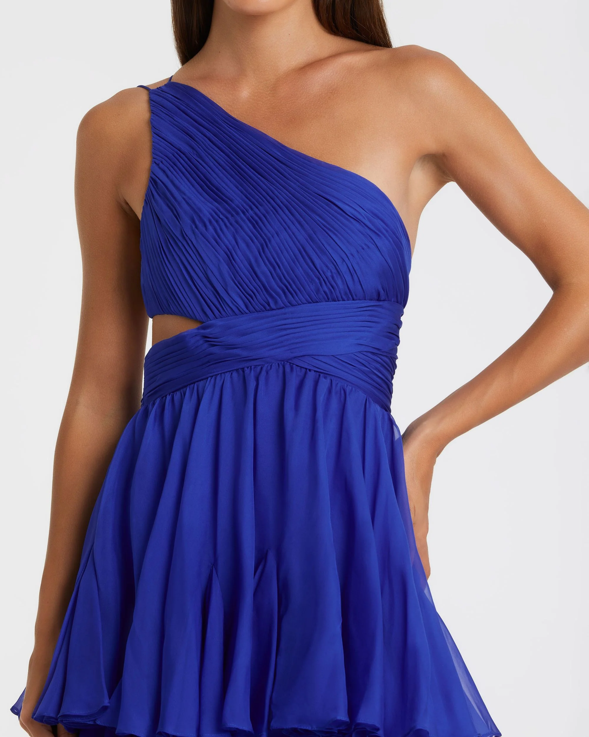 Blue One Shoulder Tiered Chiffon Gown