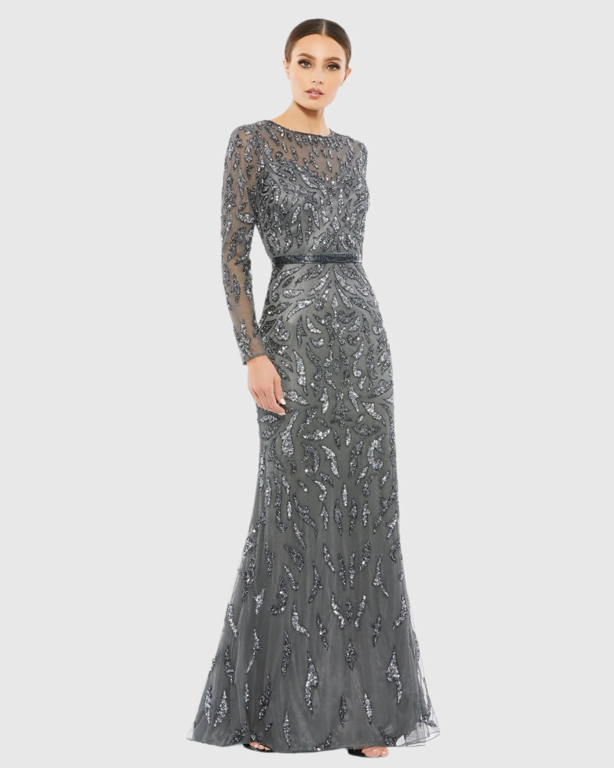 Dark Gray Beaded Long Sleeve Evening Gown