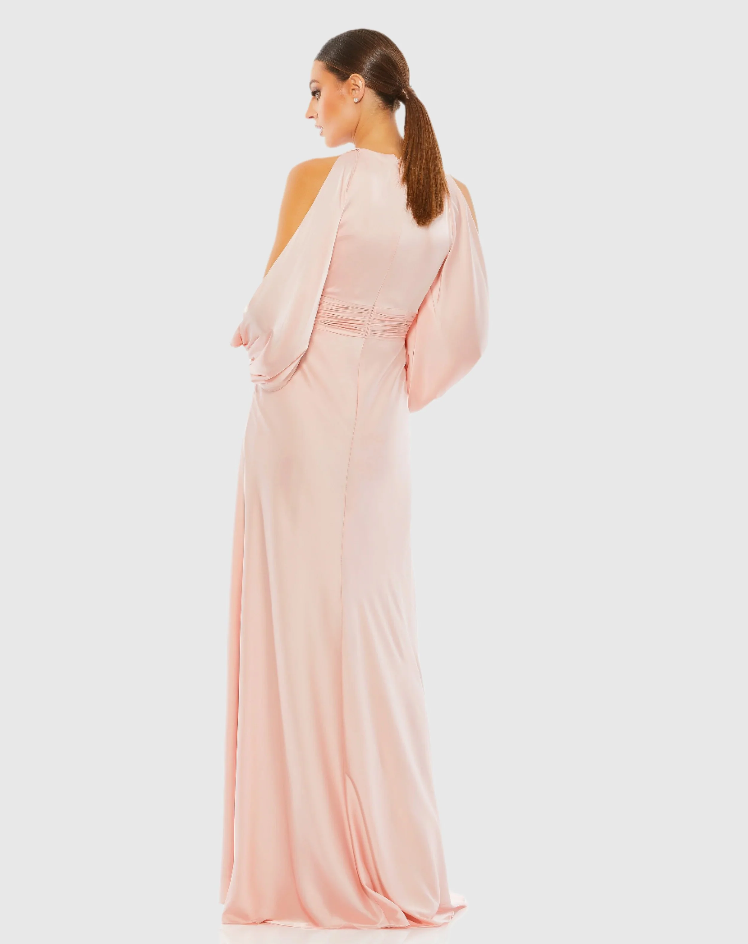 Tied Keyhole Cold Shoulder Bishop Sleeve Gown