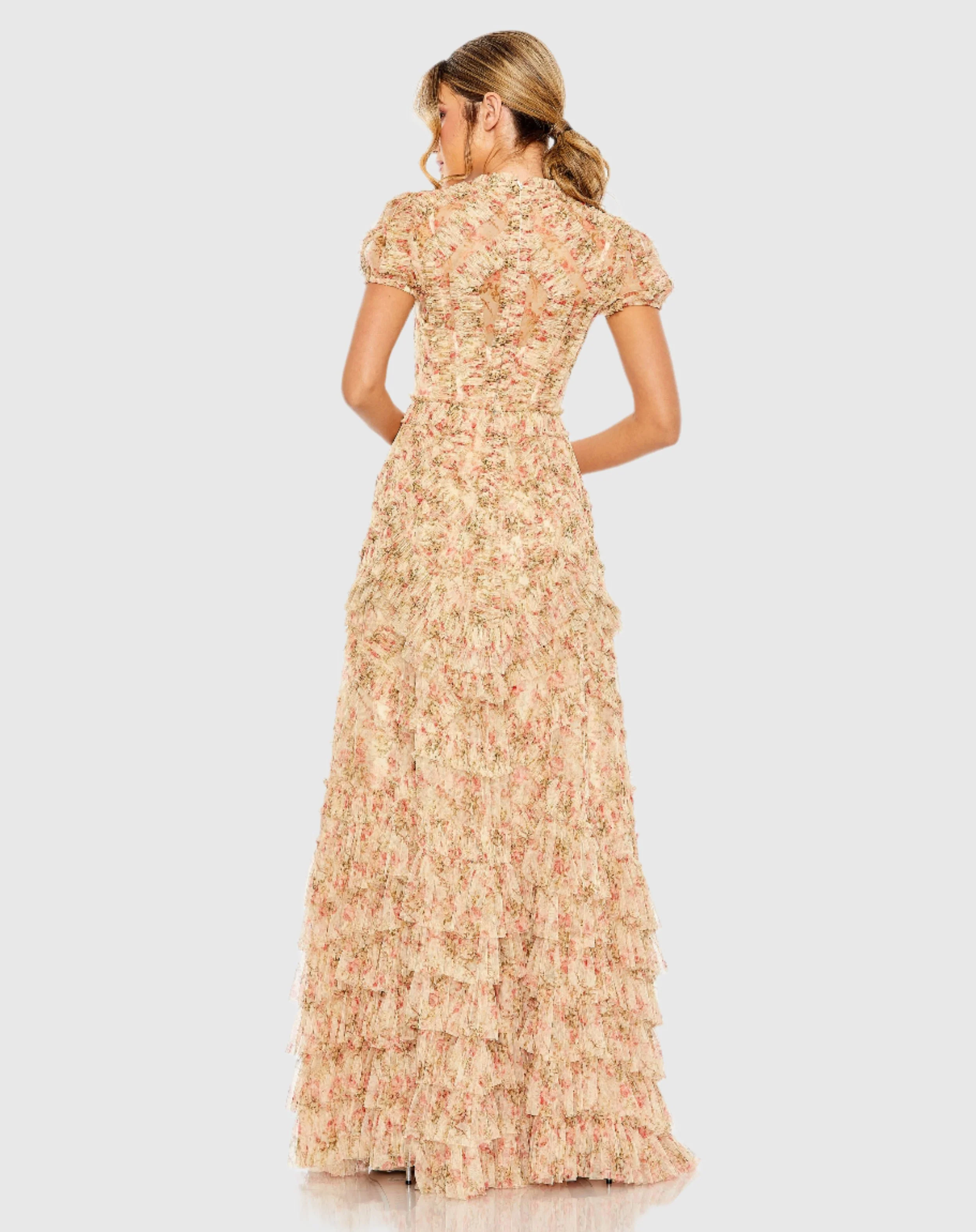 Beige High Neck Floral Mesh Ruffle Dress