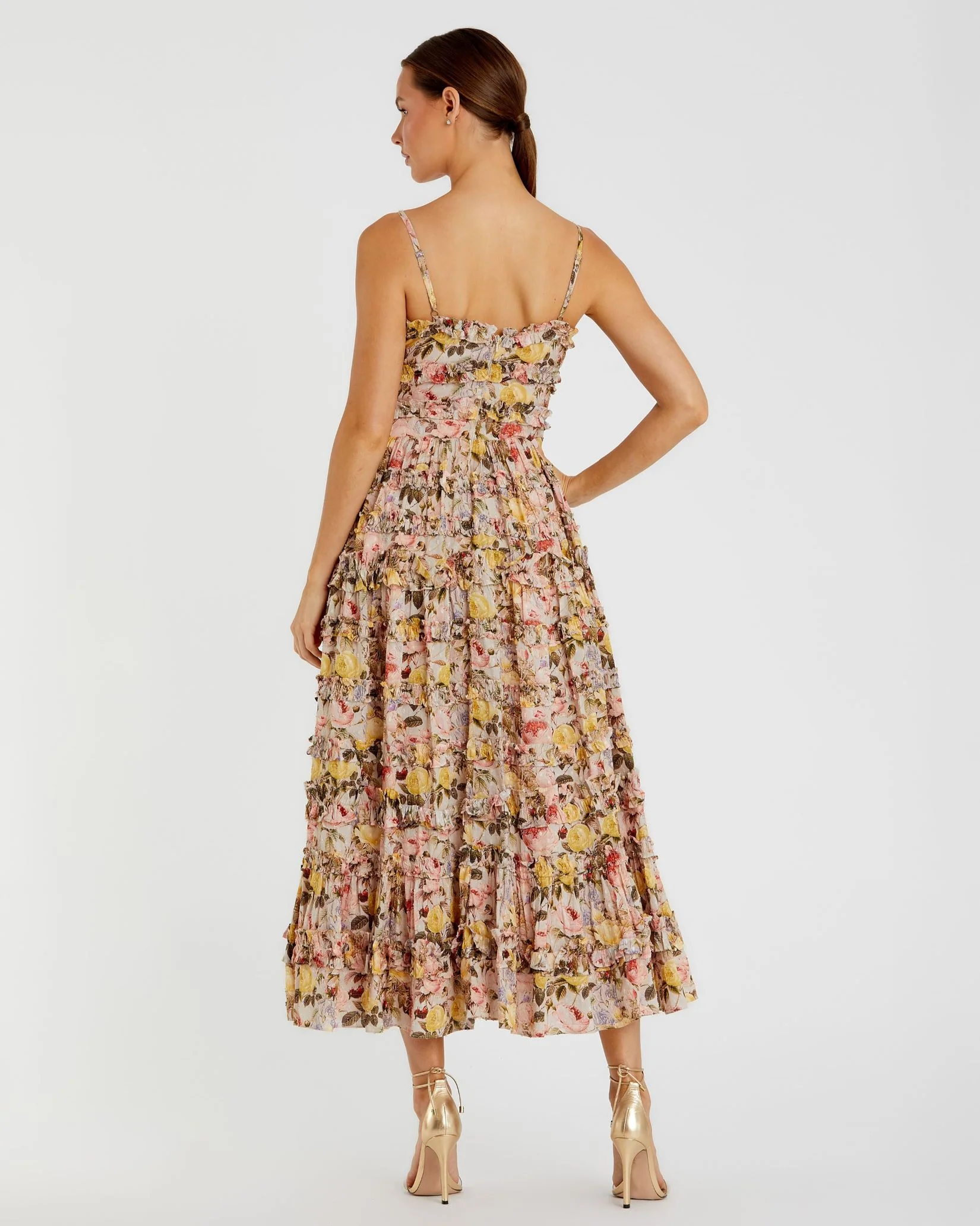 Beige Floral Print Ruffle Tiered Midi Dress
