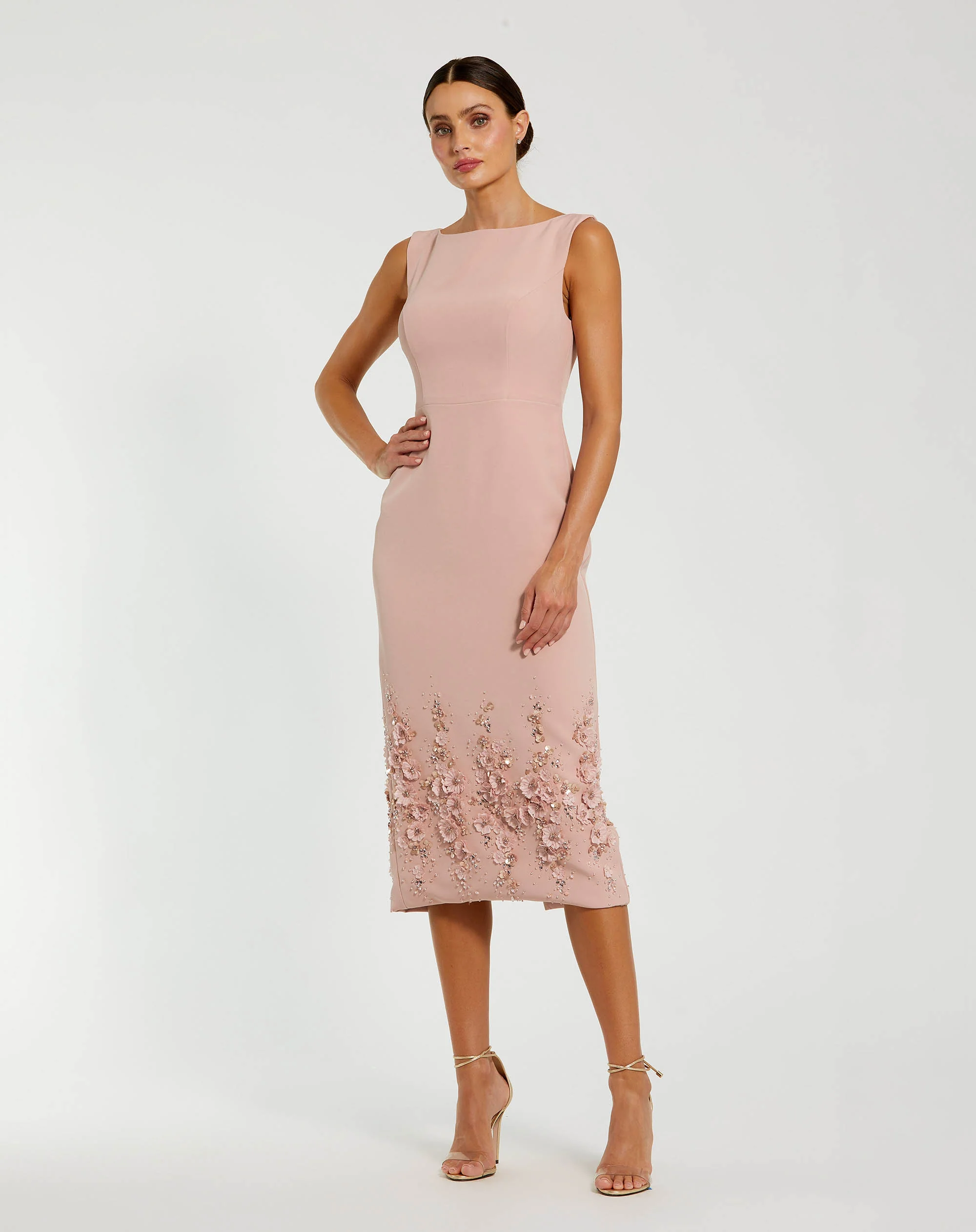 Crepe Sleeveless  Midi Dress With Flower Beading