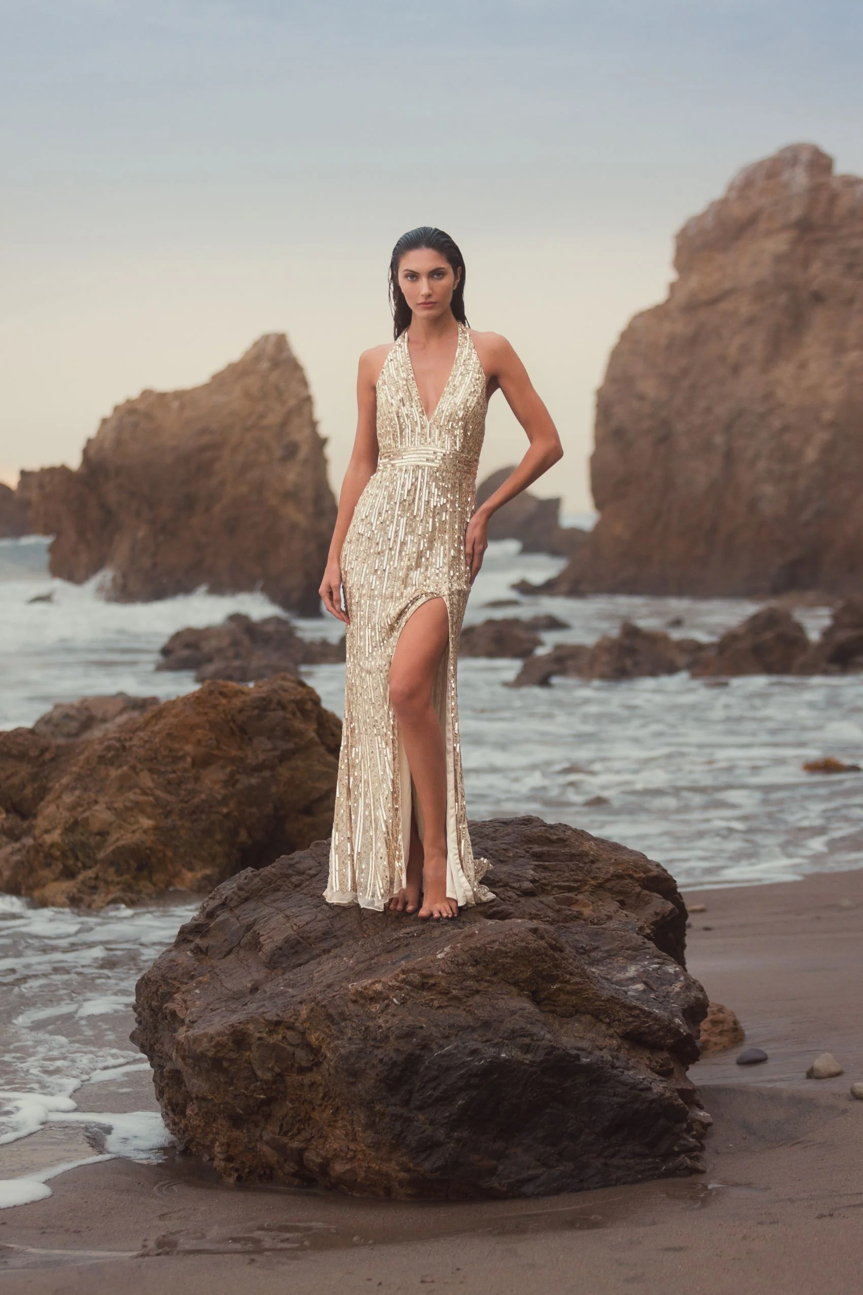 Gold Sequined Halter Strap Trumpet Gown