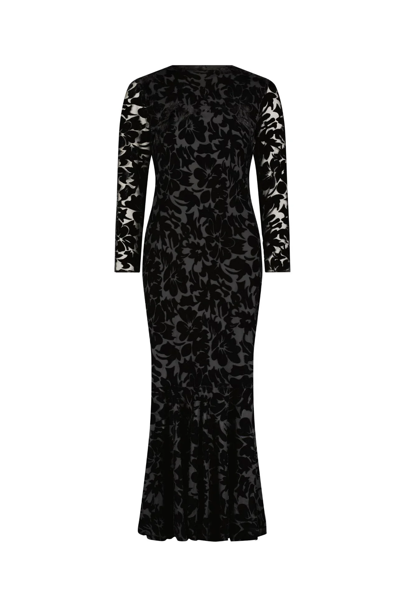 Black Burnout Velvet Long Sleeve Ruffle Hem Midi Dress