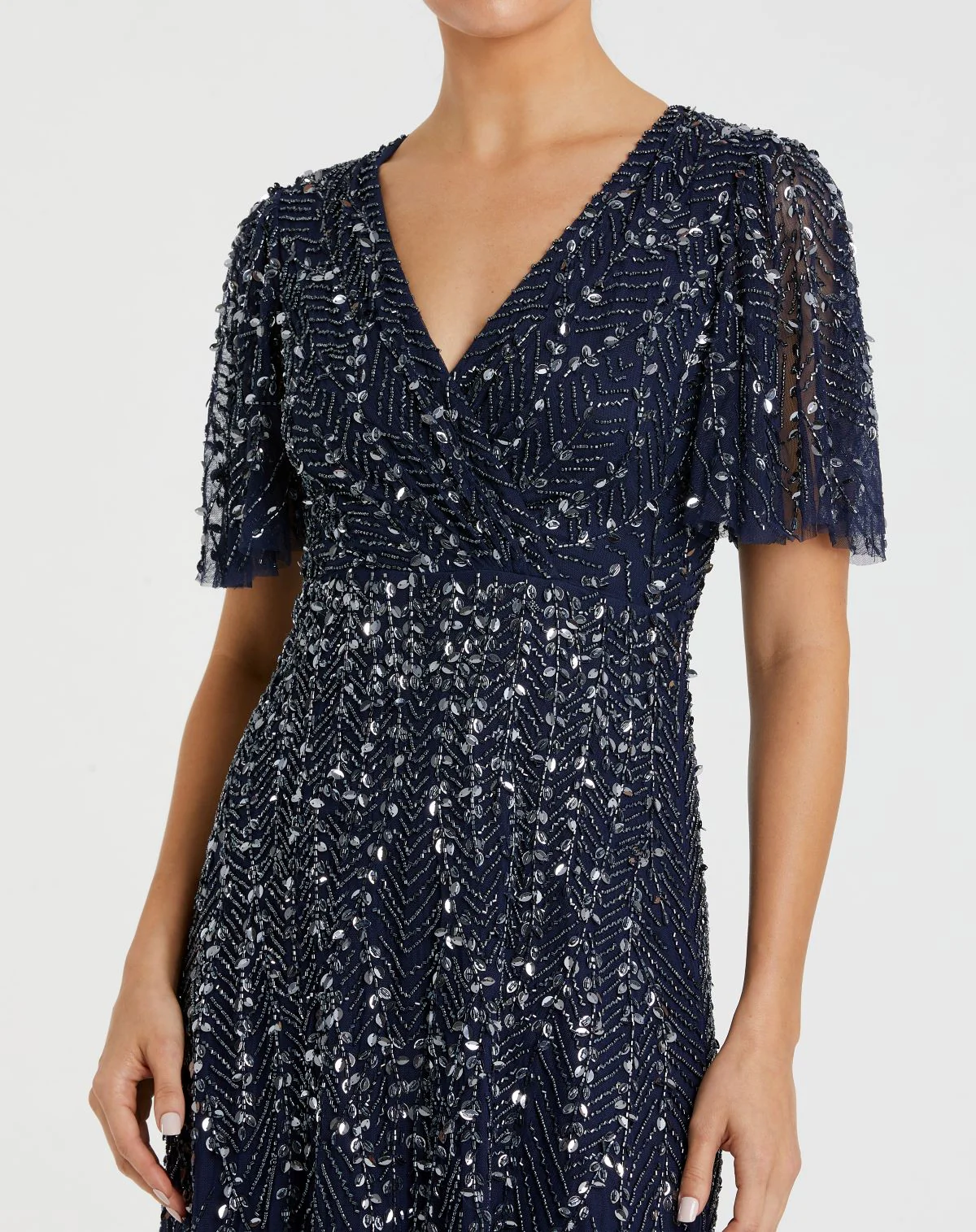 Navy Beaded Wrap Over Butterfly Sleeve Column Dress