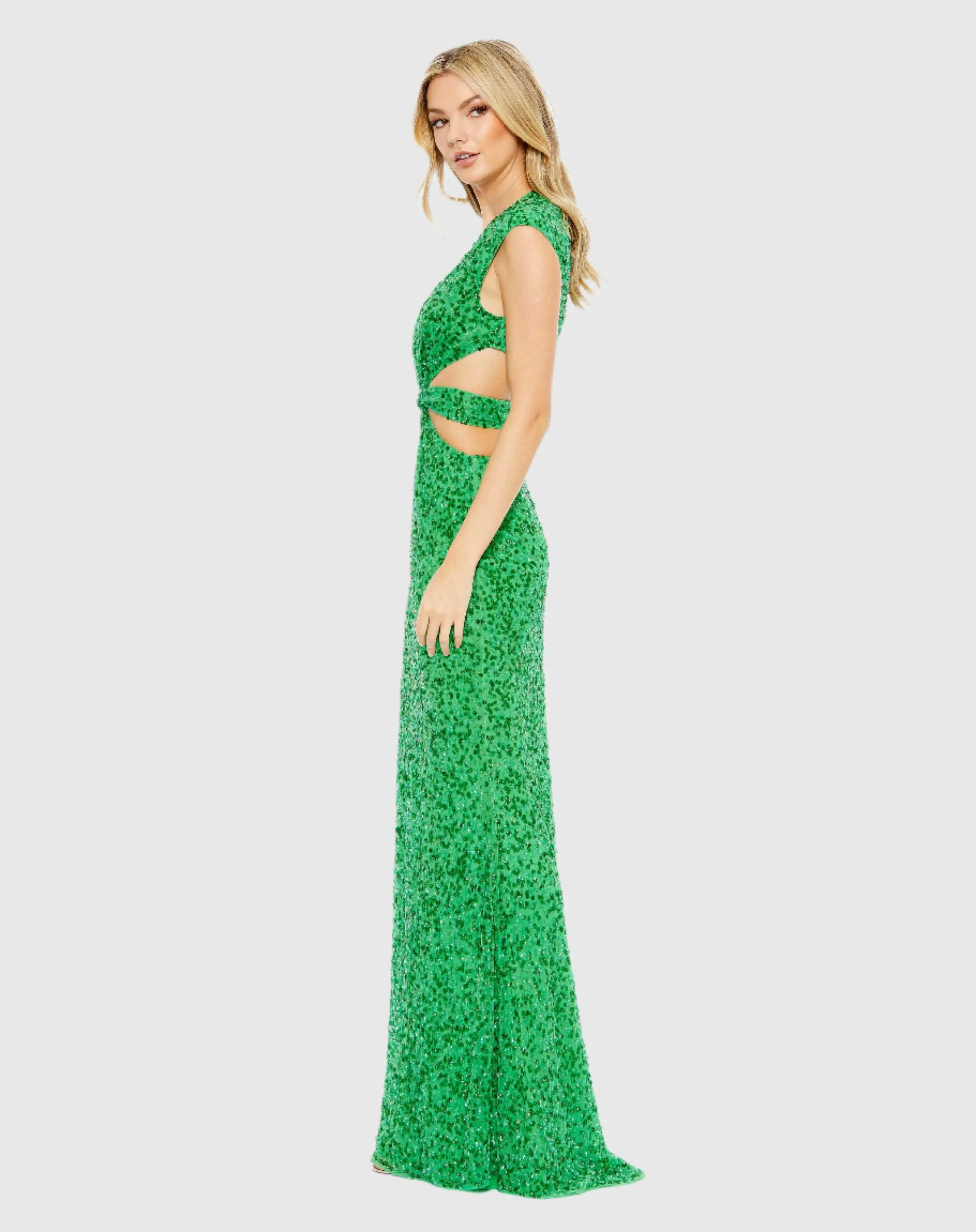 Green Sequined Cap Sleeve Plunge Neck Cut Out Gown