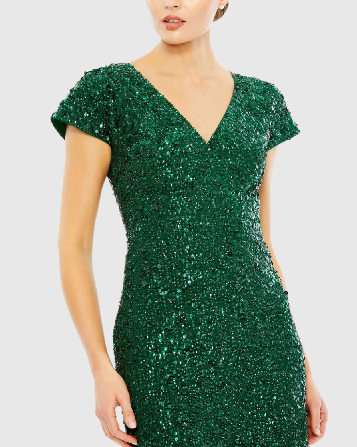 Dark Green Sequined Short Sleeve Wrap Over Cocktail Dress