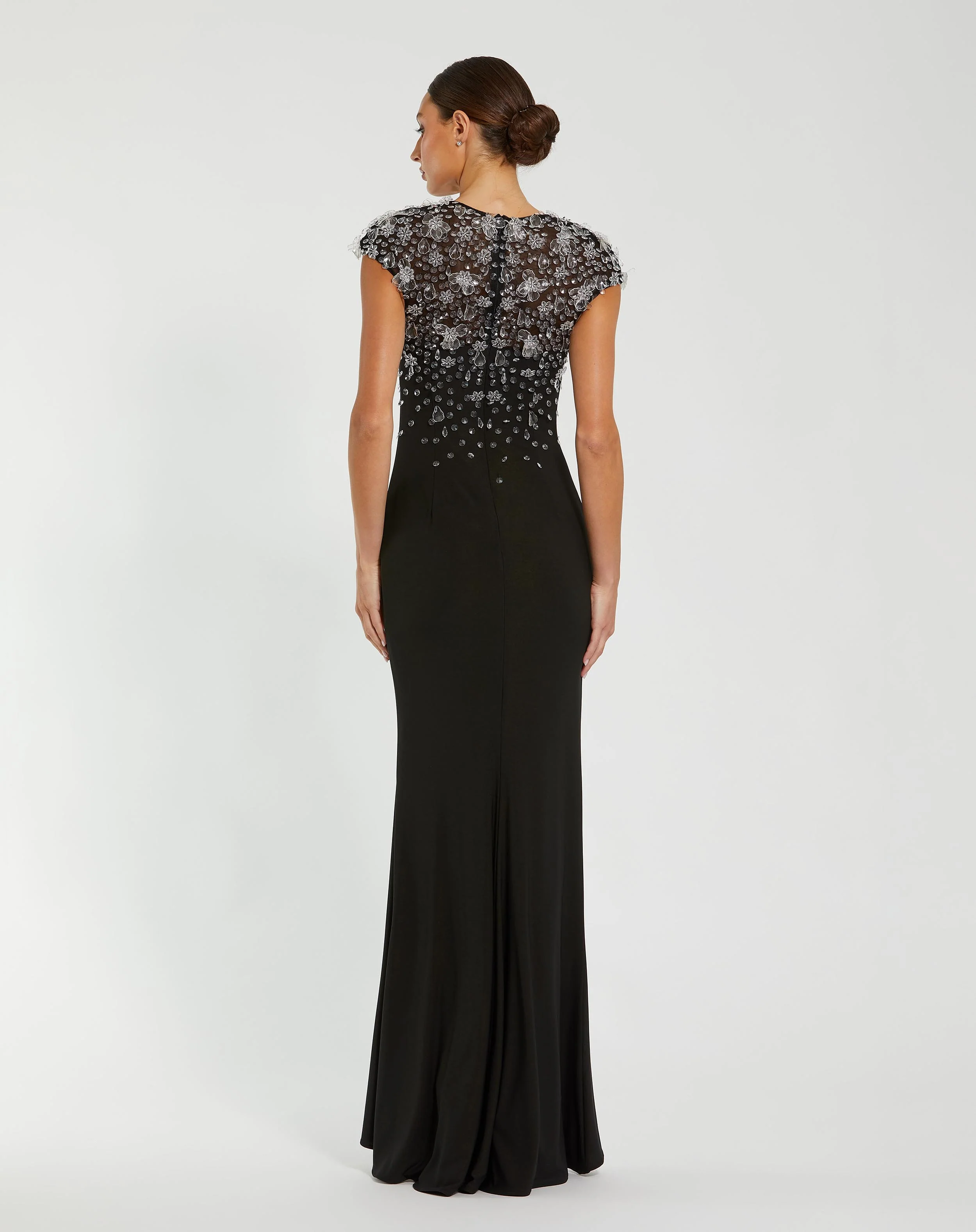 Black Crystal Embellished Jersey Fitted Cap Sleeve Gown