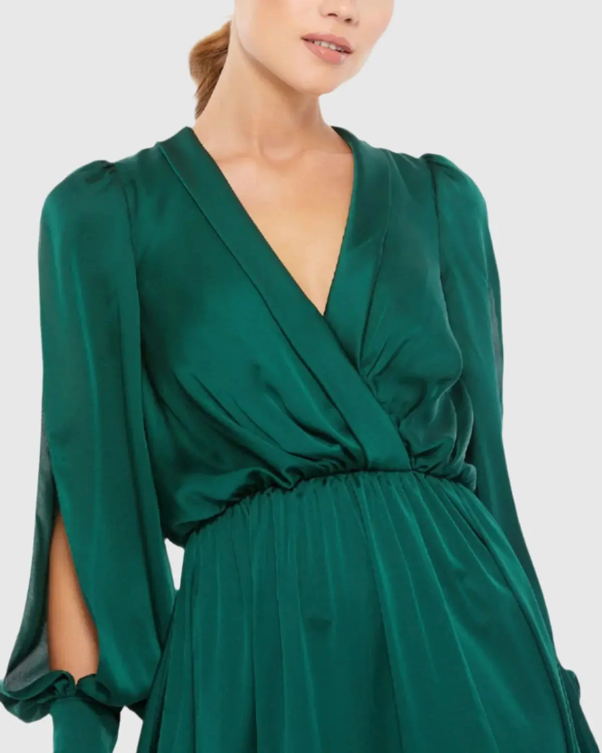 Bishop Sleeve Faux Wrap Gown