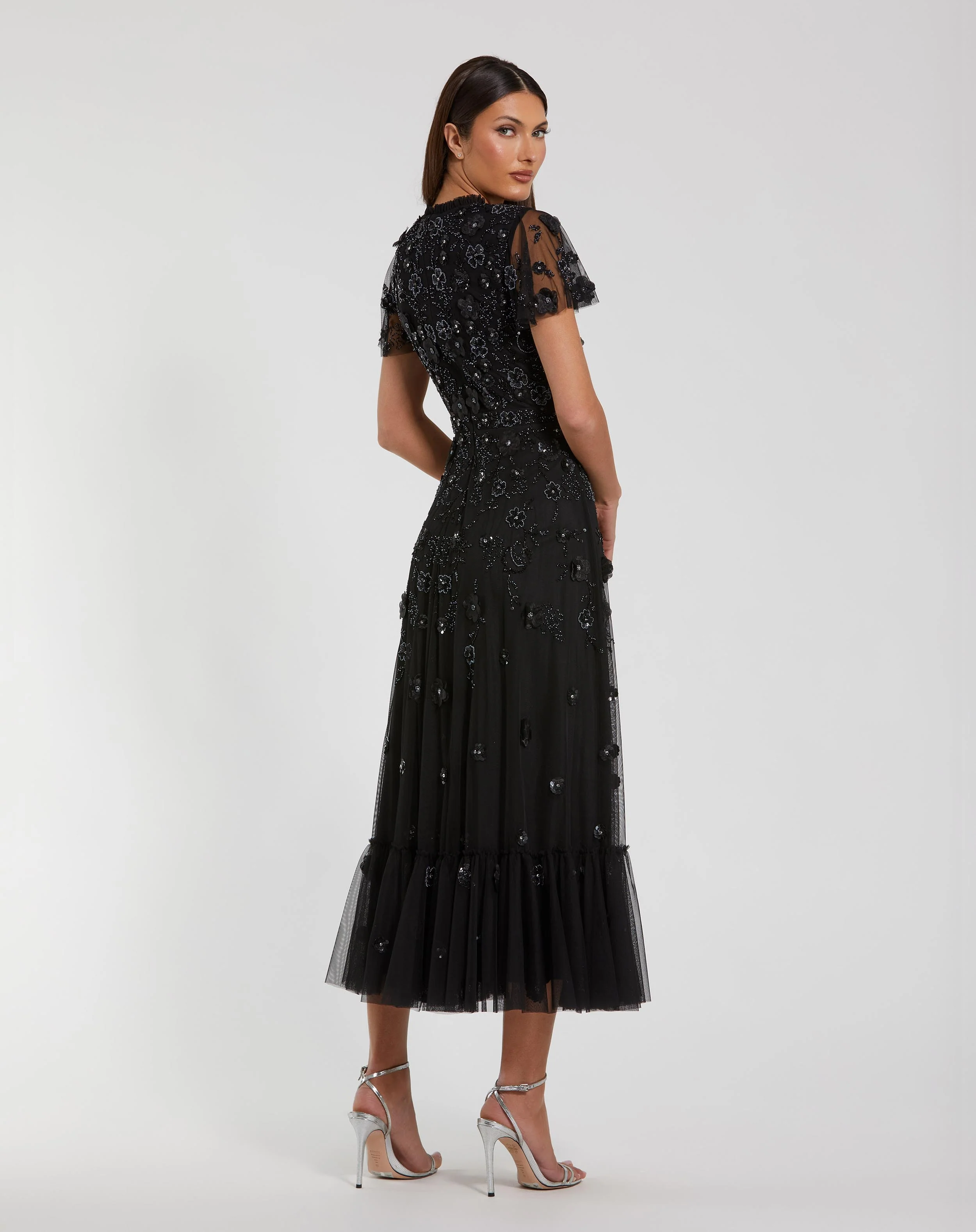 Black Embellished High Neck Cap Sleeve A Line Dress