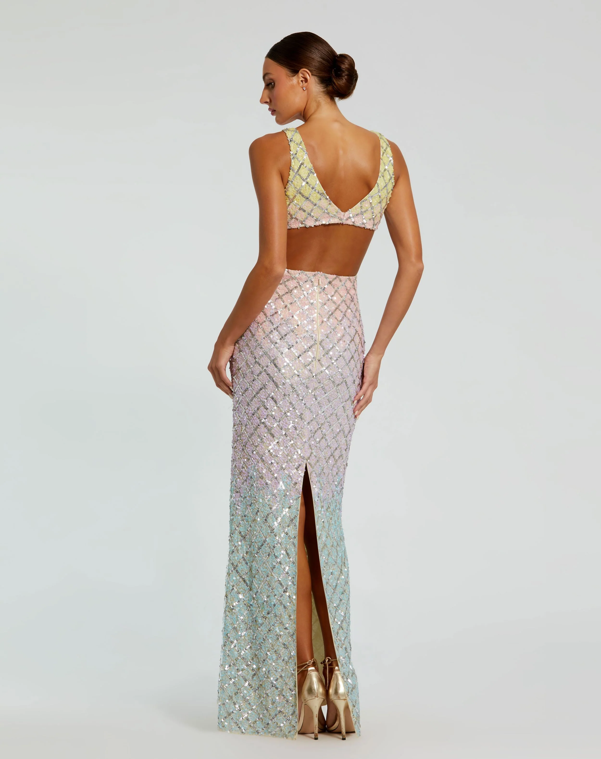 Multicolor V Neck Ombre Beaded Gown With Side Cut Outs