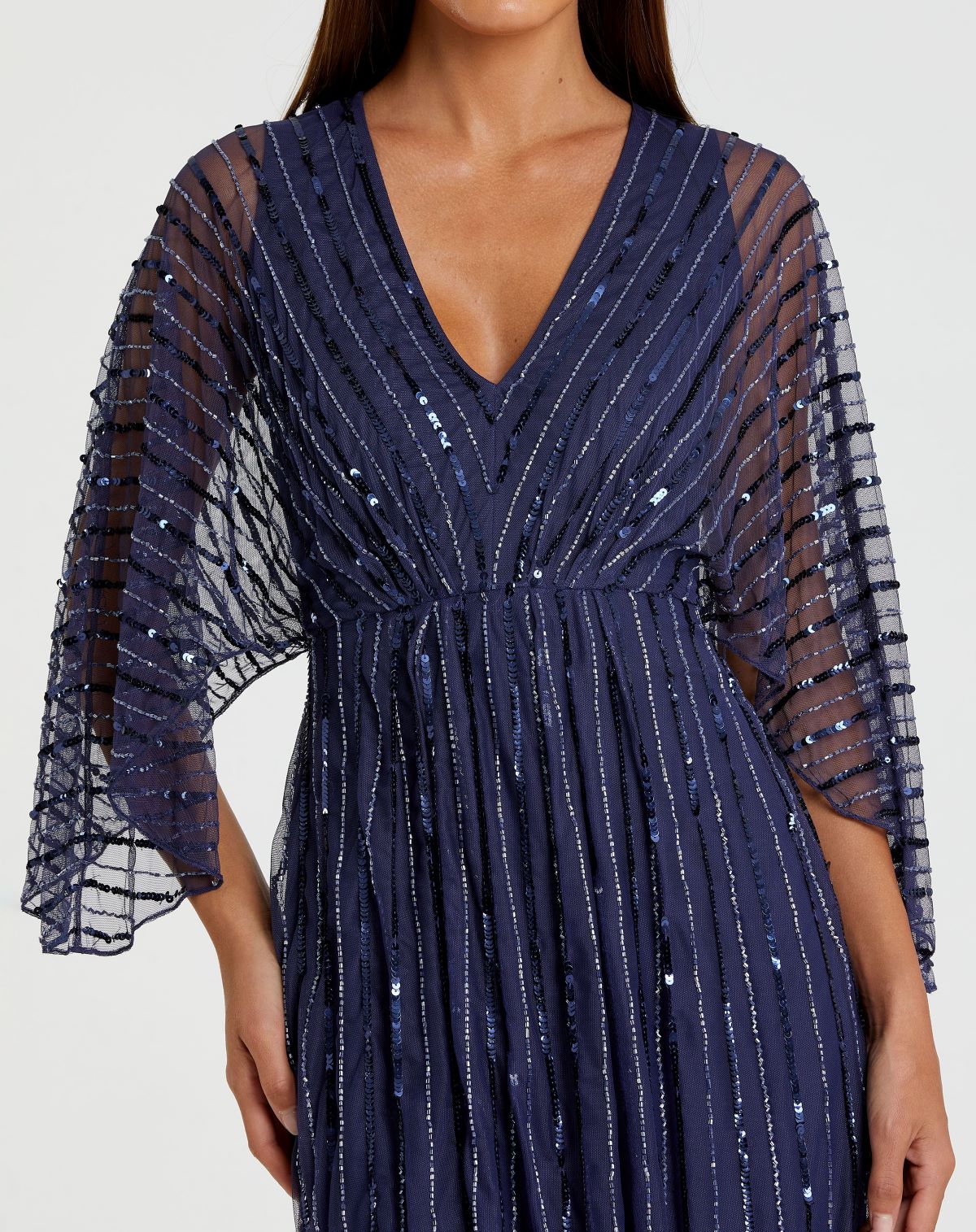 Navy Beaded Striping Kimono Sleeve V Neck Gown