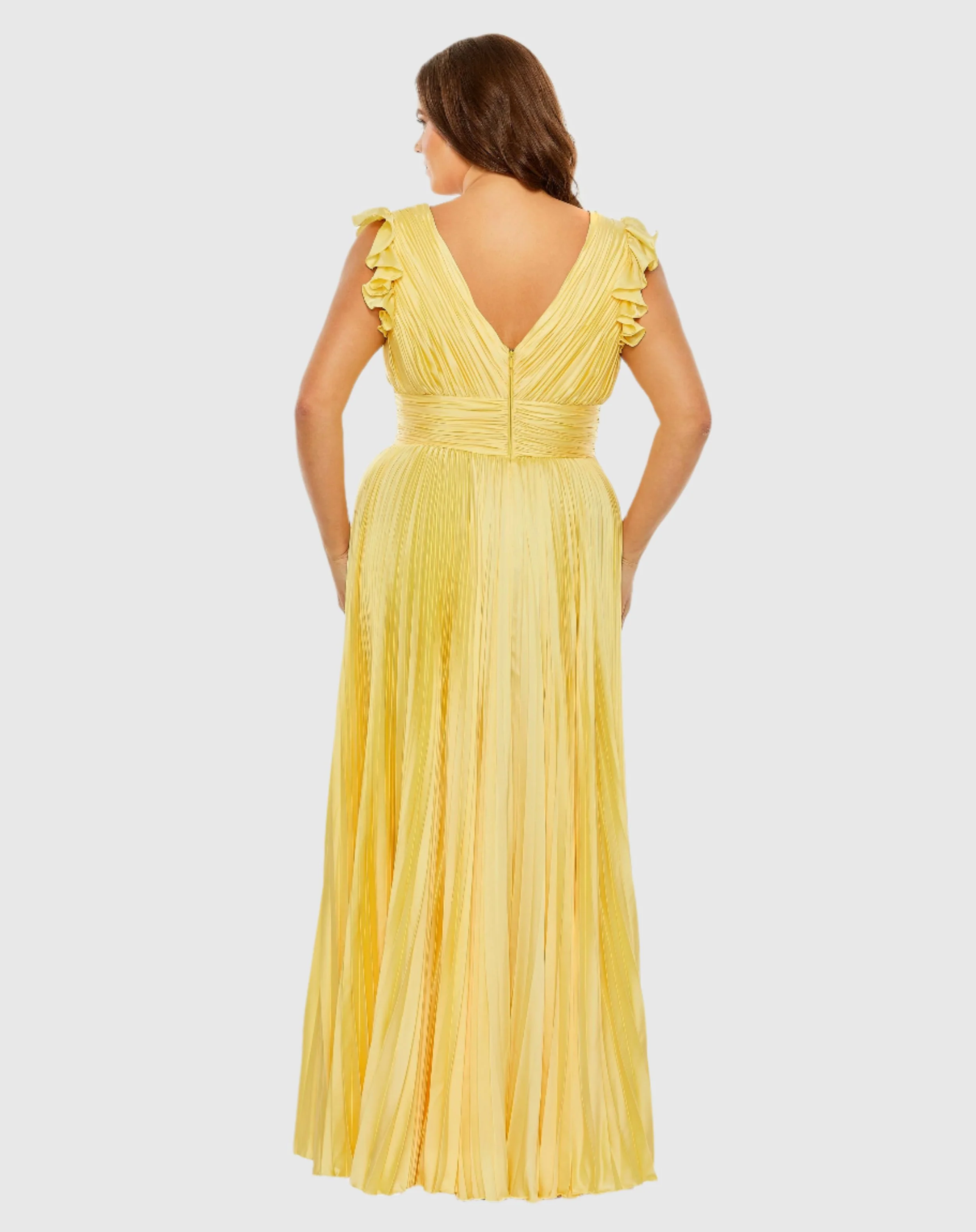 Yellow Flutter Sleeve Pleated V-Neck Gown (Plus)