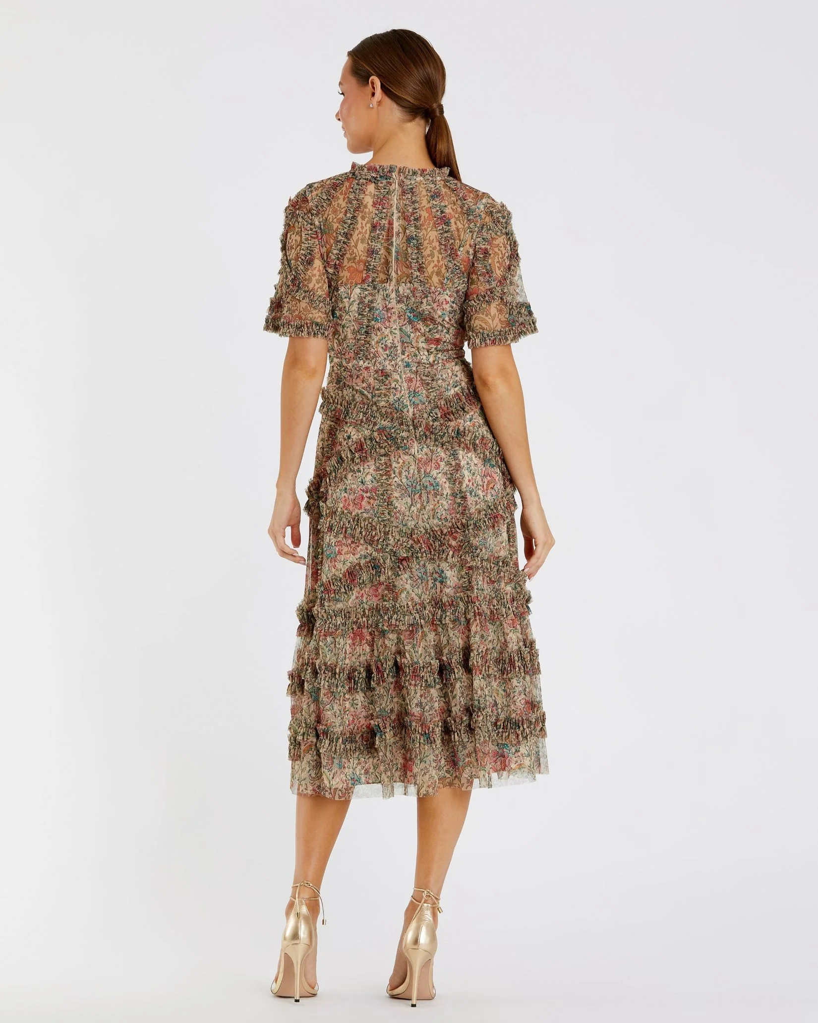 Beige Floral Flutter Sleeve Mesh Print Dress