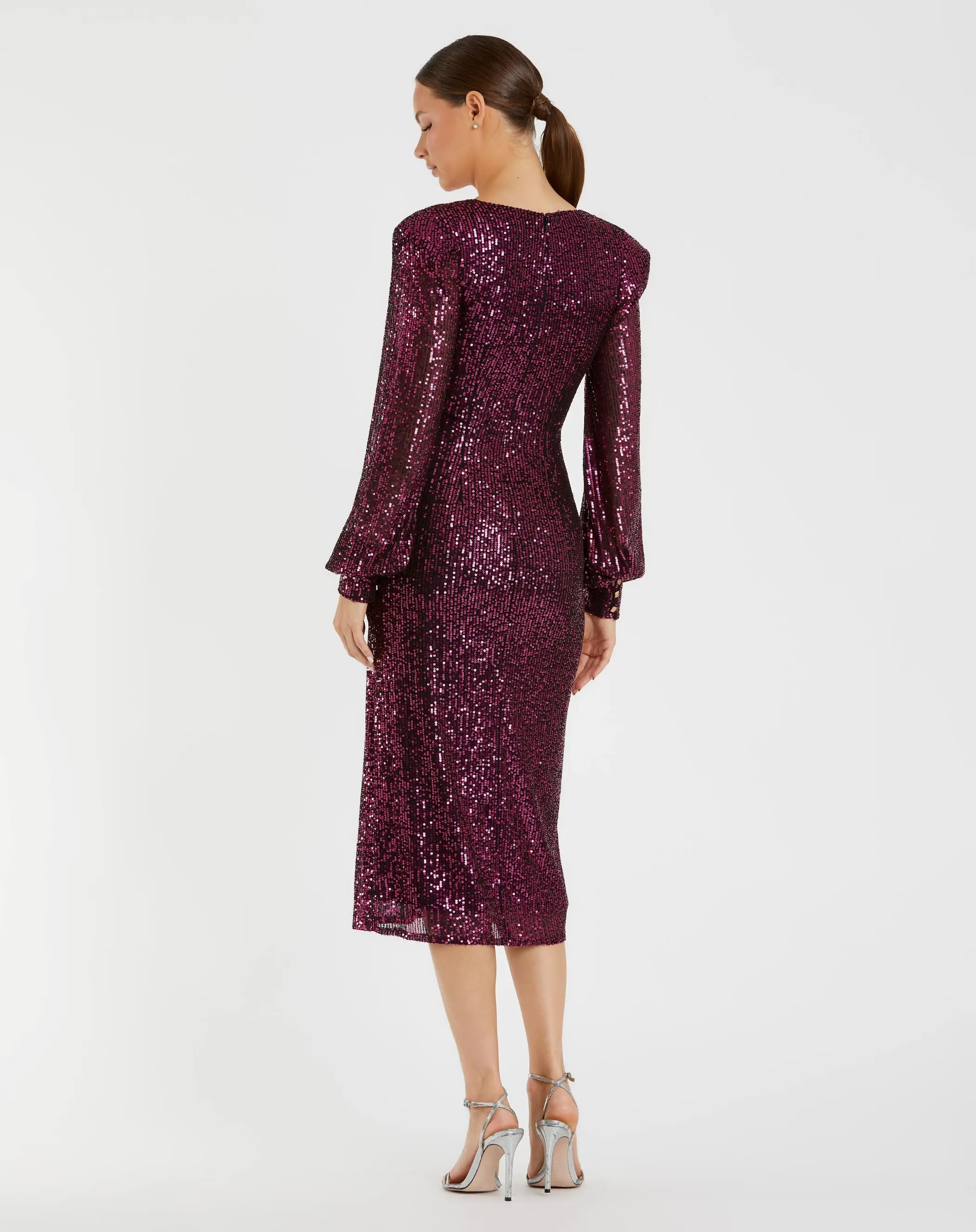 Purple Sequined Structured Bishop Sleeve Midi Dress