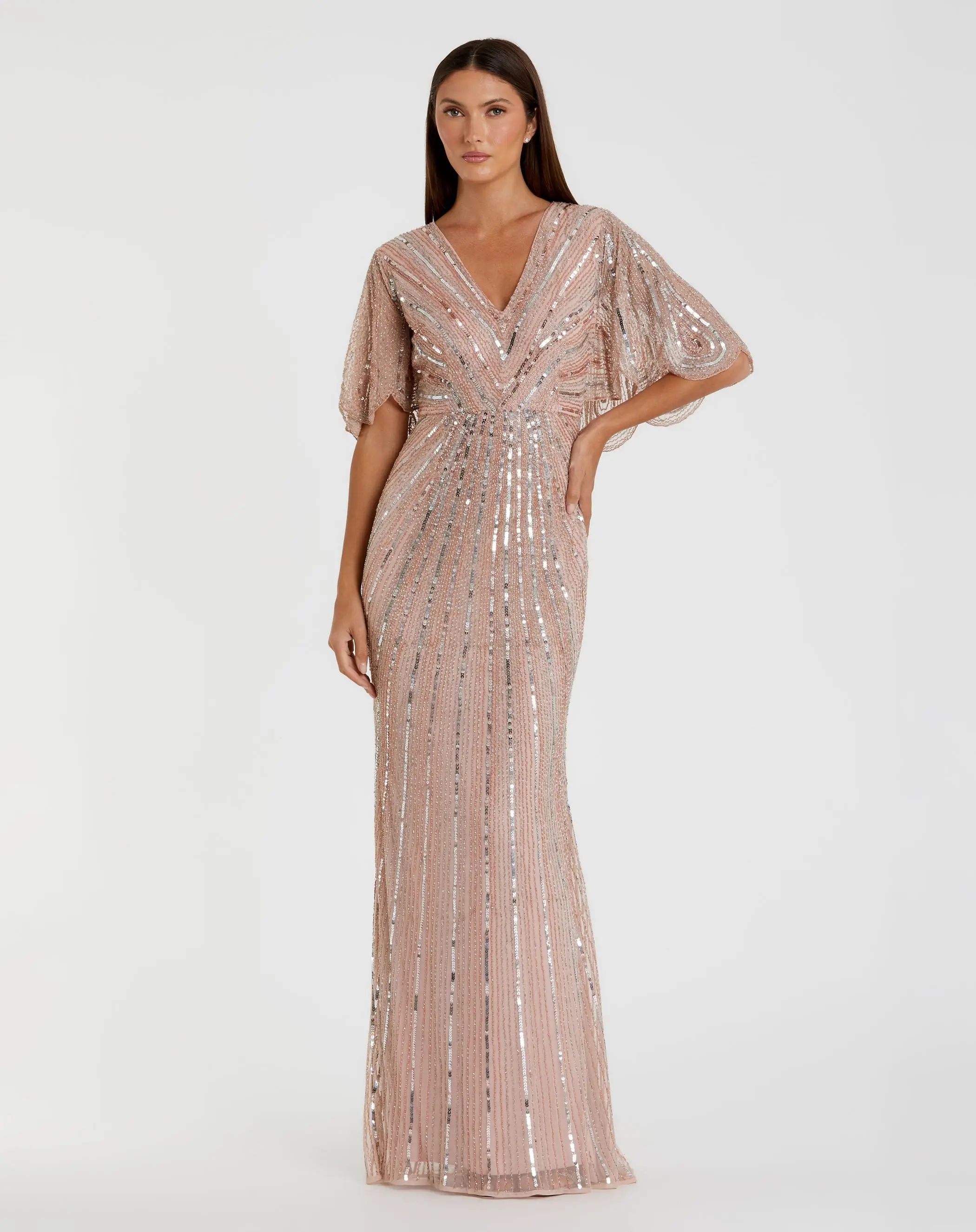 Pink Sequined V Neck Cape Sleeve Column Gown