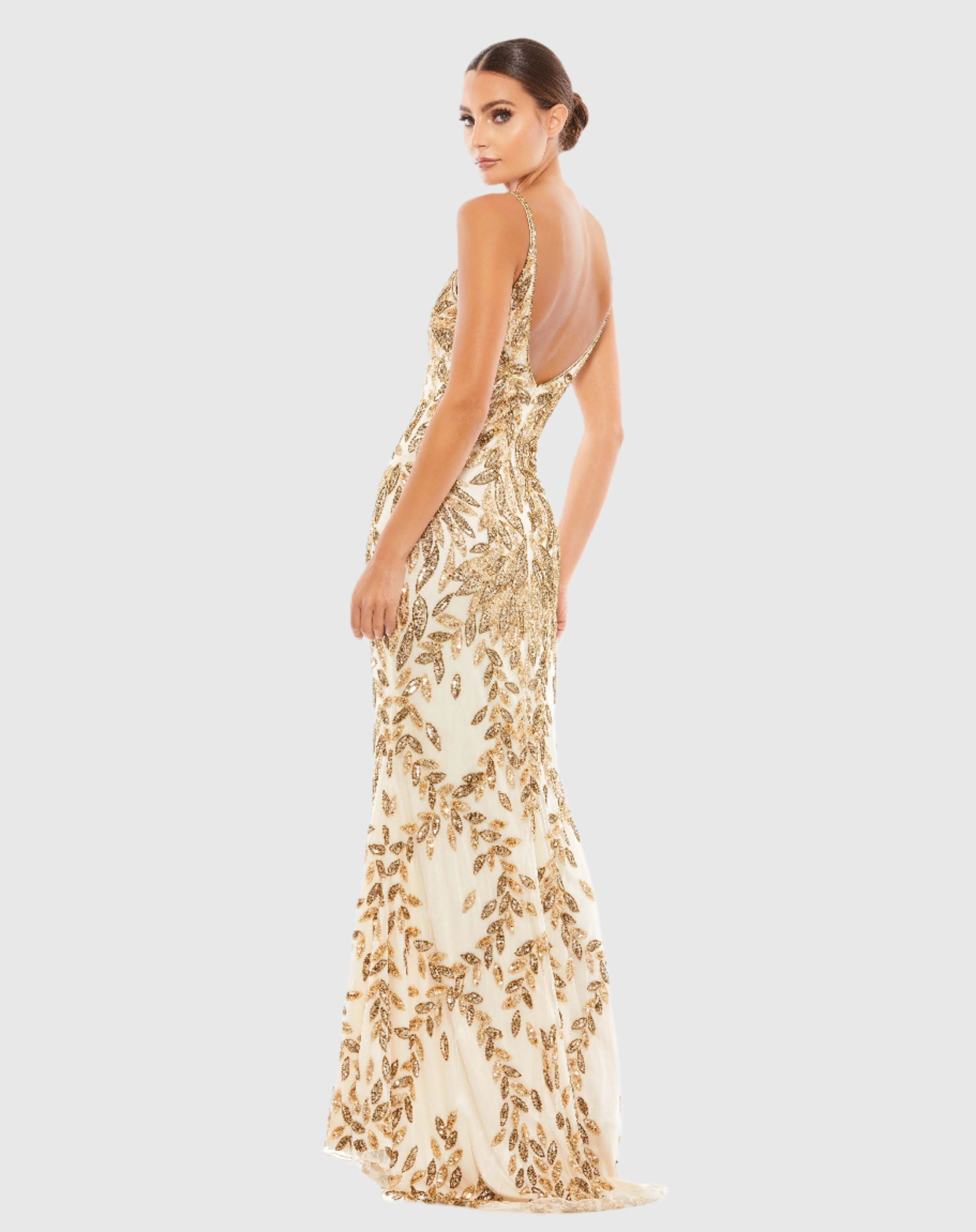 Gold Embellished Leaf Evening Gown