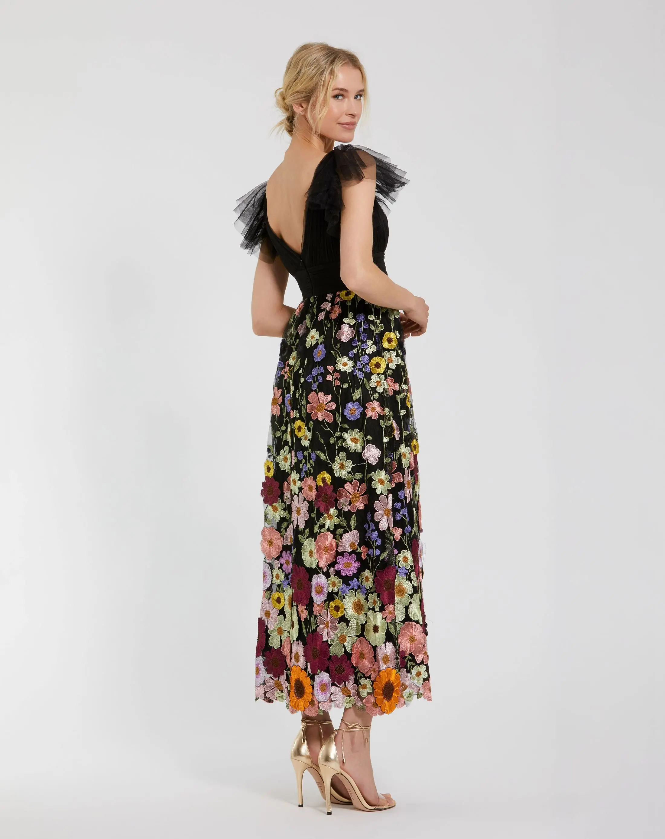 Black Embroidered Ruched Flutter Sleeve A Line Dress