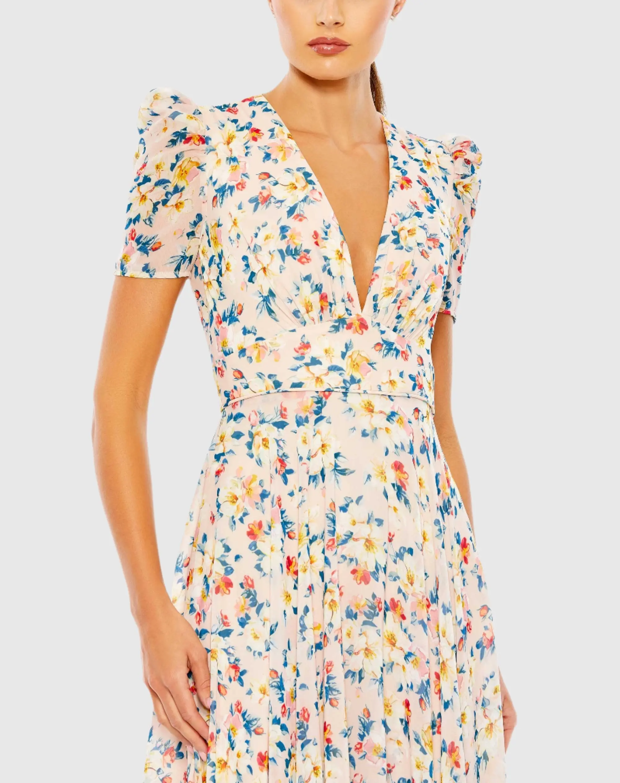 Pink Floral Print V Neck Puff Sleeve Flowy Gown